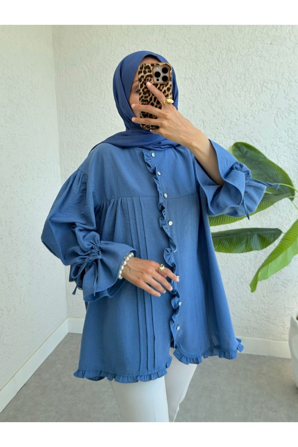 Modamorfo Kolları Bağcıklı Taşlı Düğmeli Keten Gömlek -İndigo