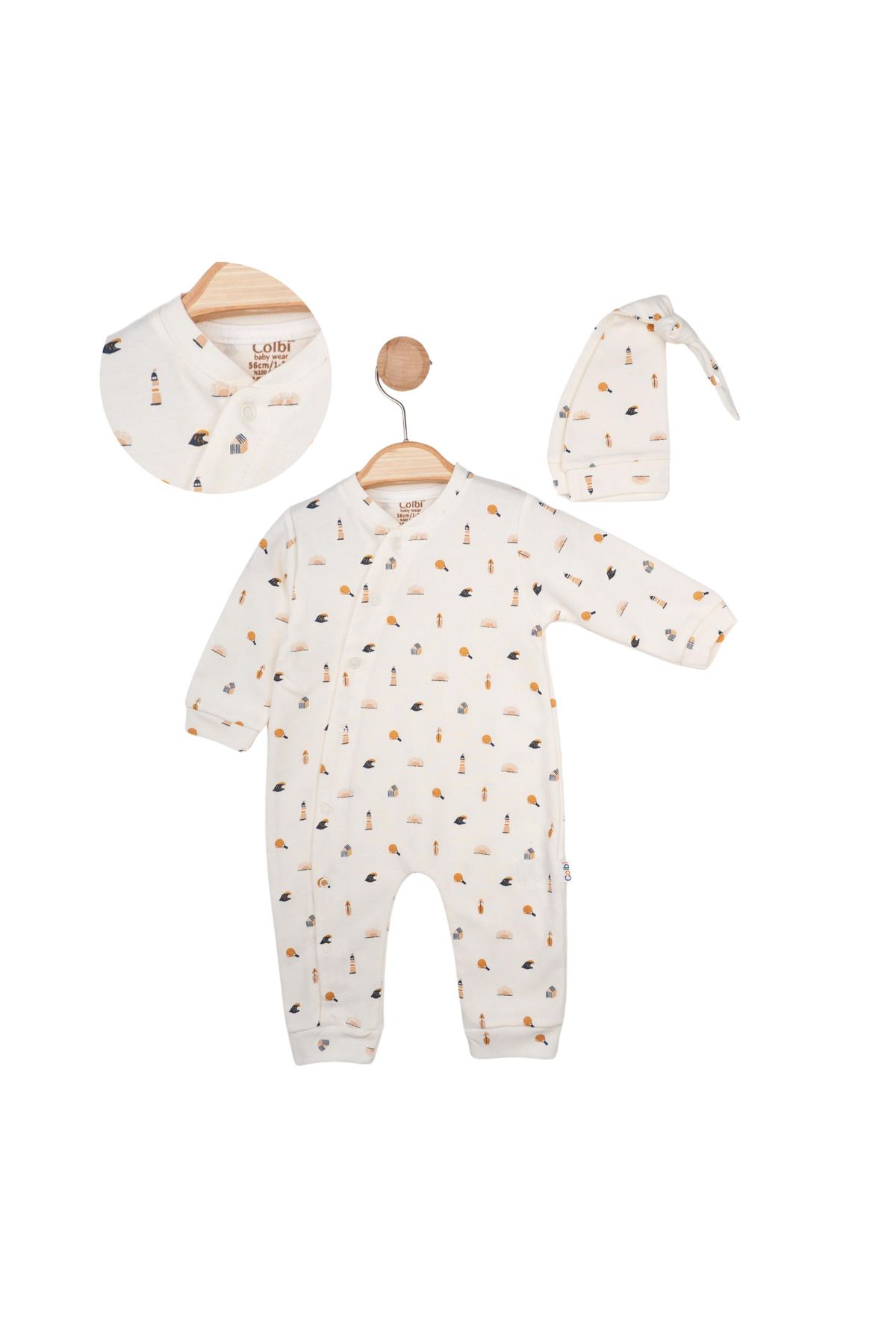 colbi baby Deniz Feneri Desenli Yandan Çıtçıtlı Şapkalı Patiksiz Tulum
