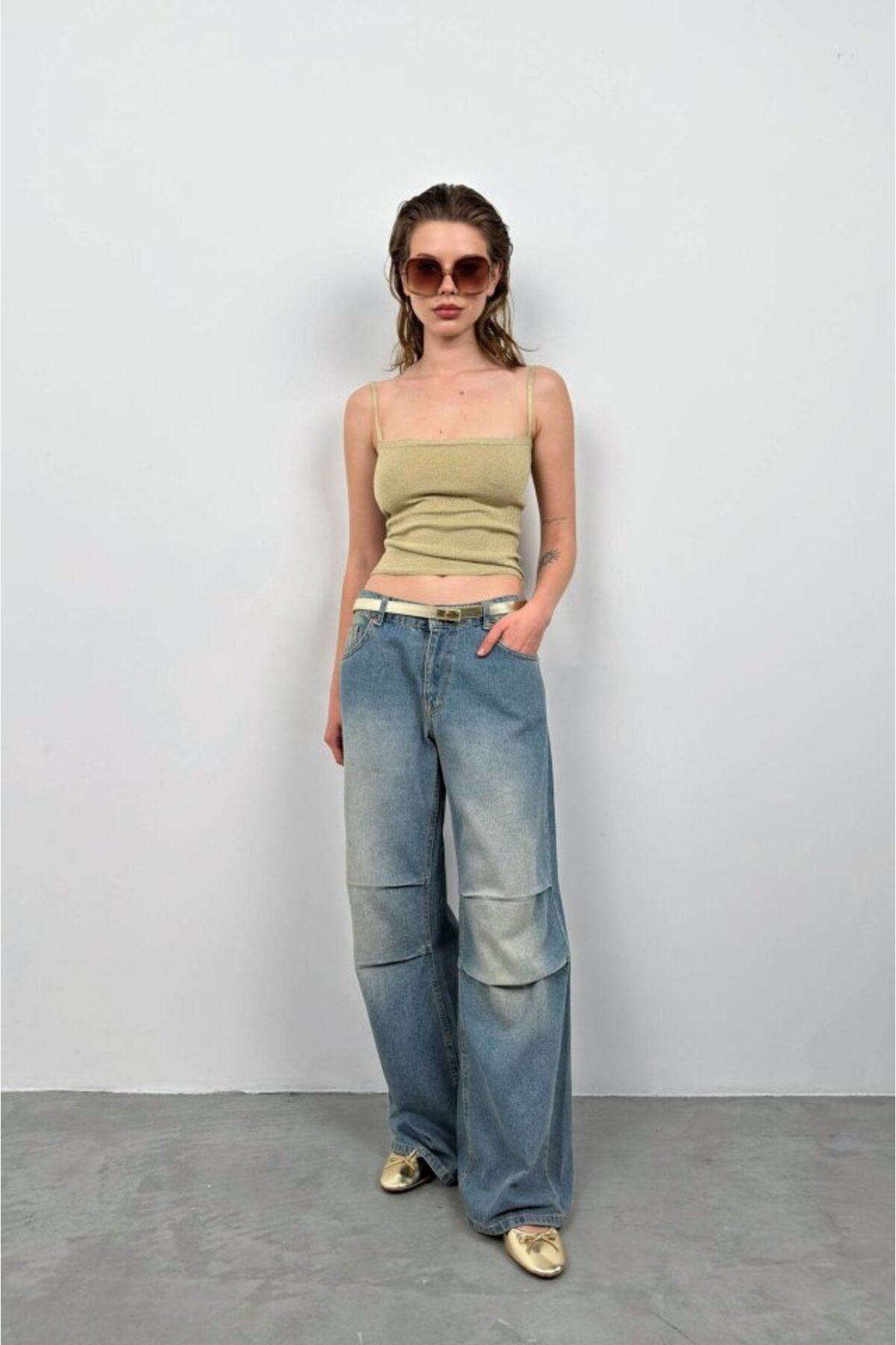 D&M Life Collection Askı Detay Parlak Triko Bluz - M - Gold