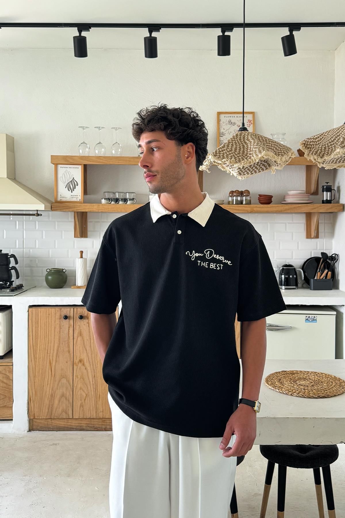Flaw Wear Siyah You Deserve Nakışlı Polo Yaka Tişört