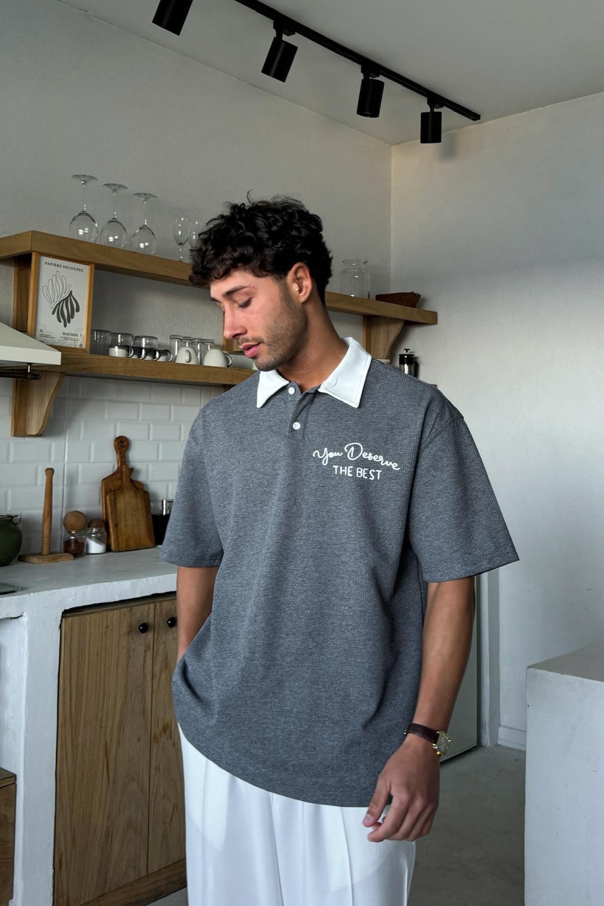 Flaw Wear Füme You Deserve Nakışlı Polo Yaka Tişört