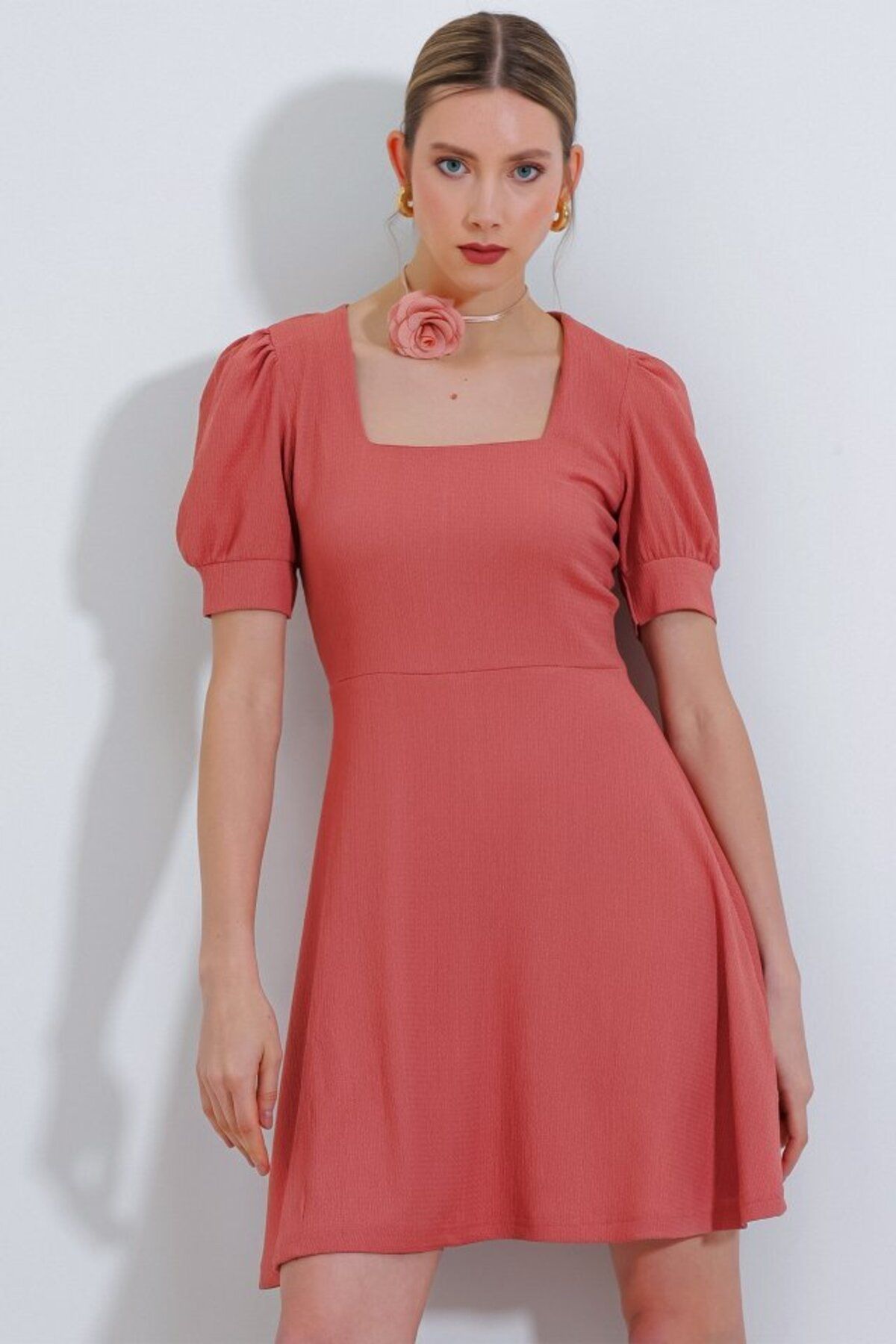 D&M Life Collection Gül Kurusu Kare Yaka Örme Mini Elbise - 38 - Gül Kurusu