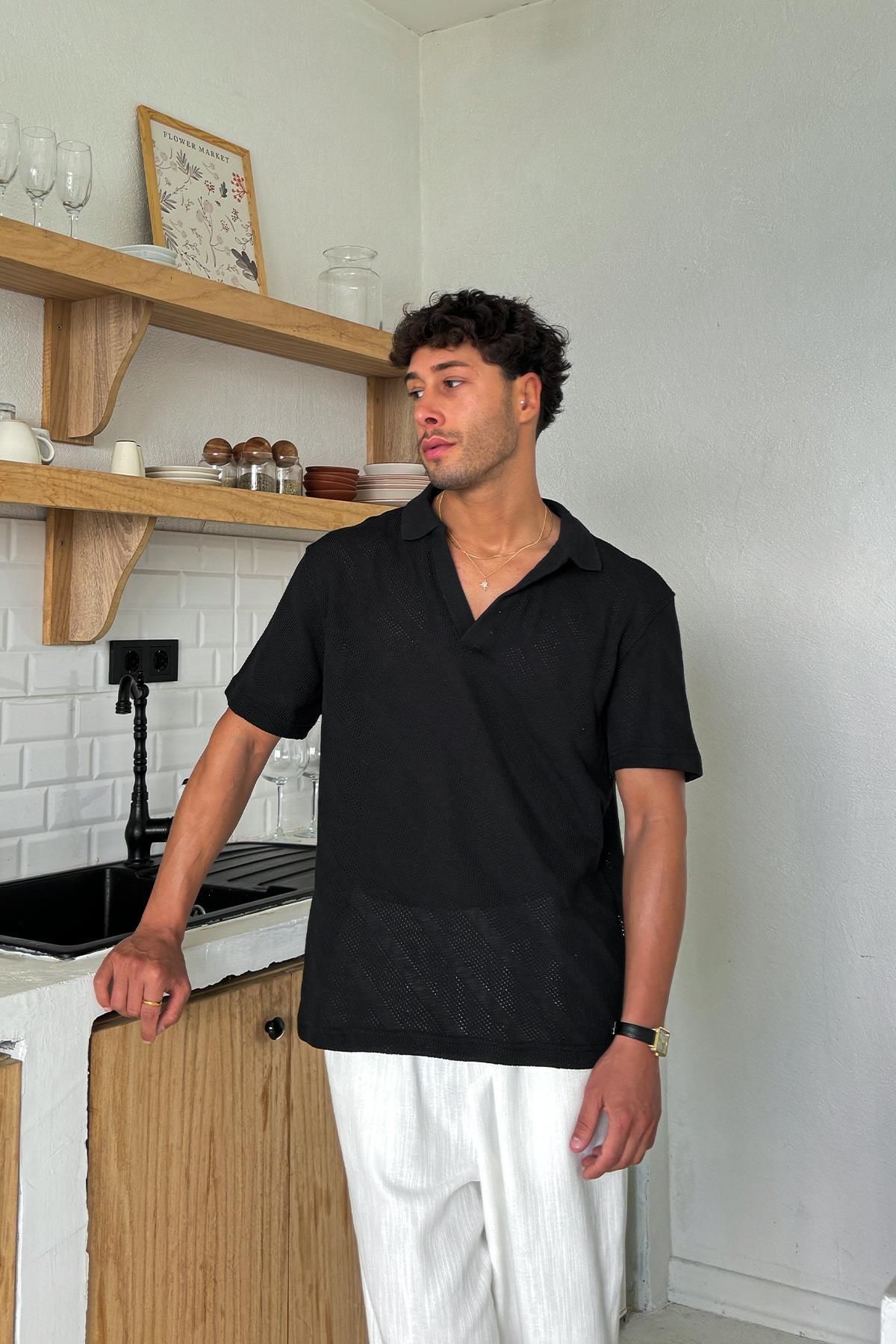 Flaw Wear Siyah Jakarlı Polo Yaka Tişört