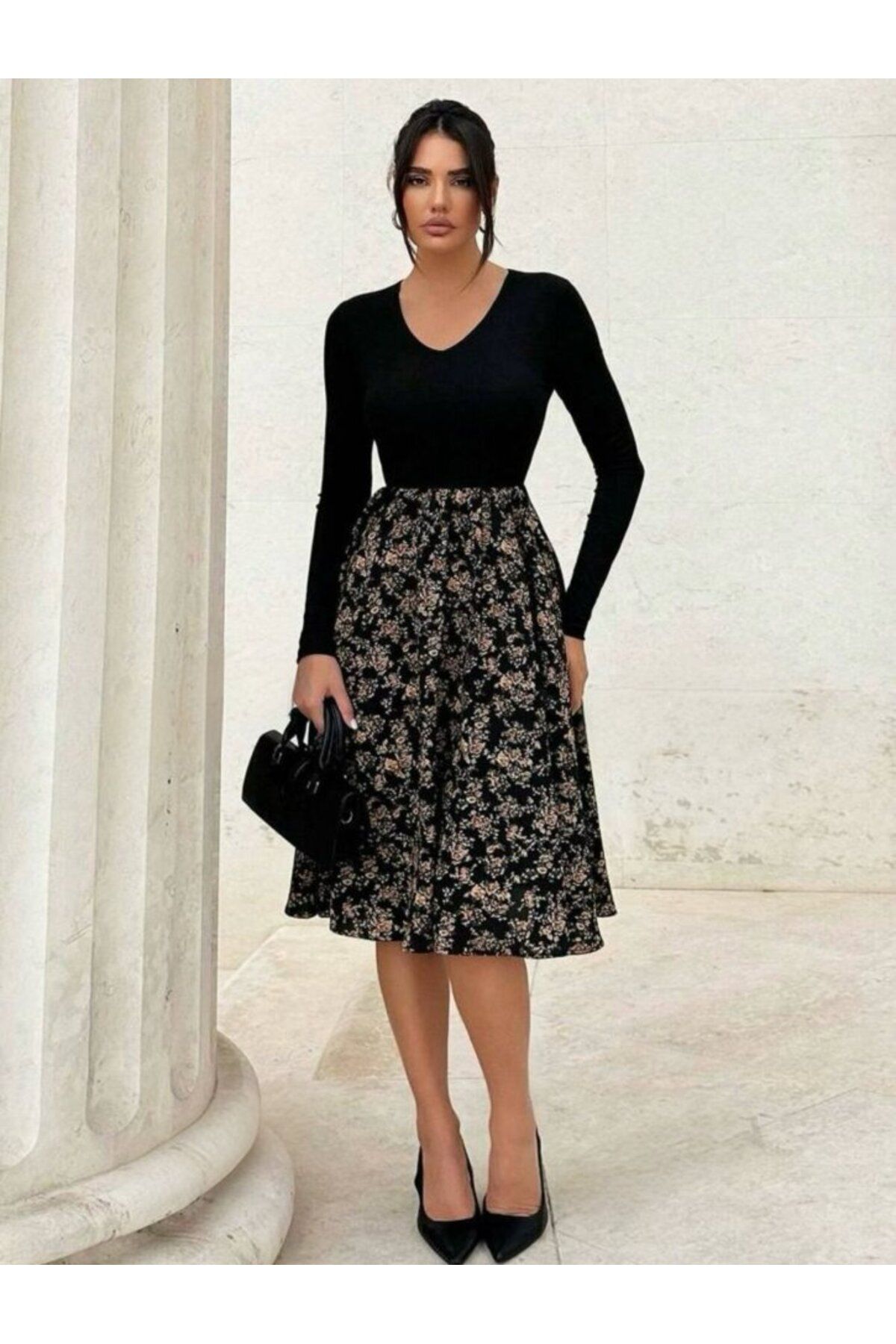 D&M Life Collection Kadın Uzun Kollu V Yakalı üst Viskon Alt çiçek Desenli Süprem Kısa Elbise