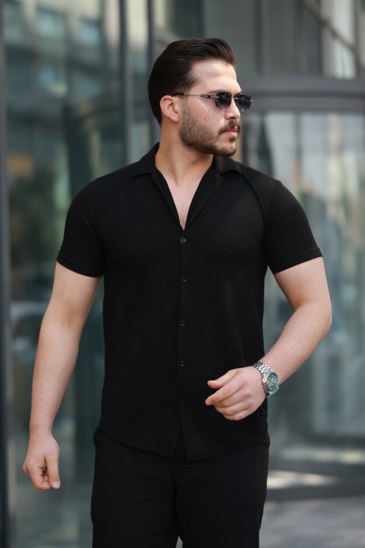 D&M Life Collection Erkek Kısa Kollu örme Kumaş Pamuklu Gömlek - XL - Siyah