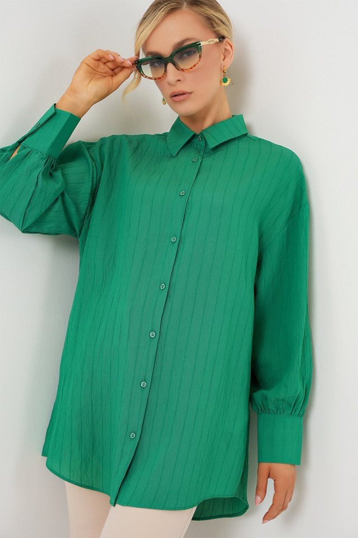 D&M Life Collection Çizgili Uzun Gömlek Tunik 5963 - Yeşil