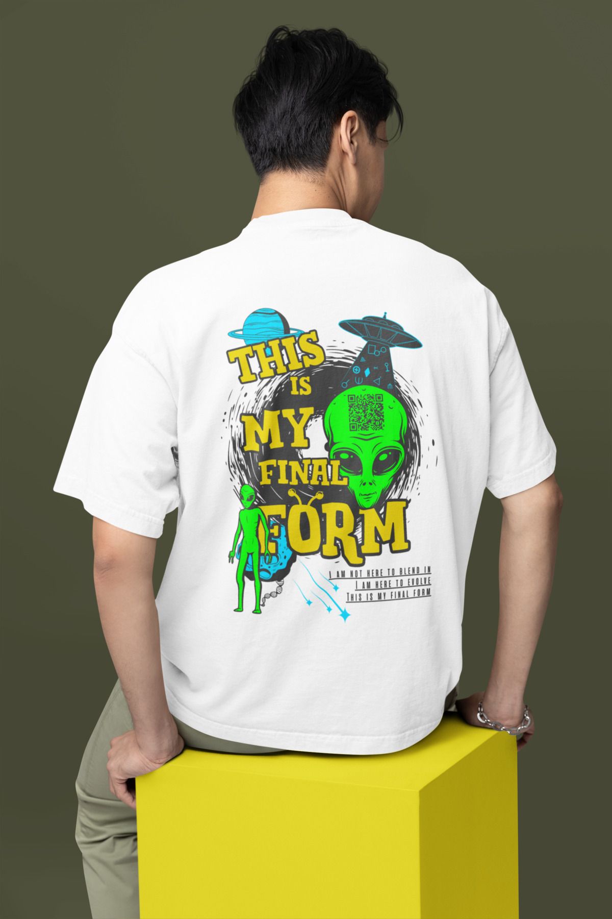 Was Plus Unisex Beyaz Oversize %100 Pamuklu "This is My Final Form" Uzaylı Baskılı T-shirt