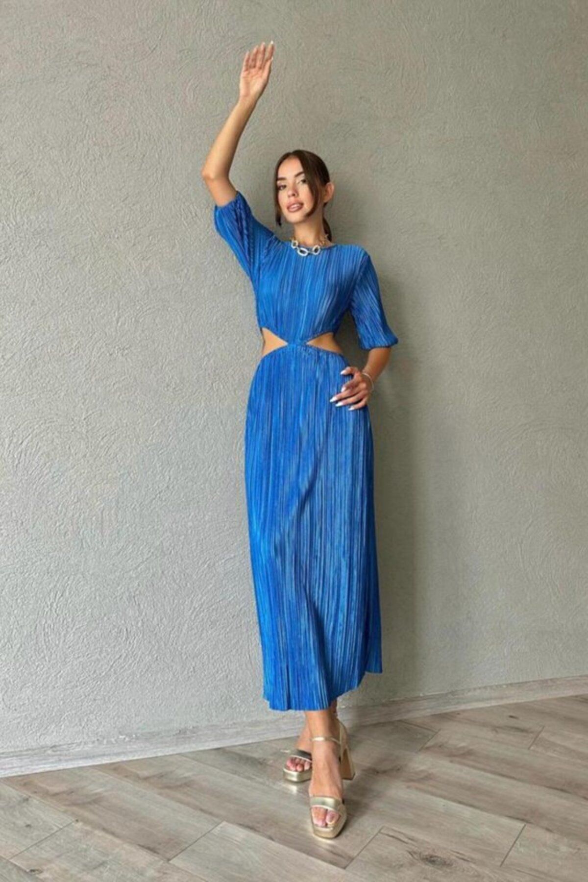 D&M Life Collection Mavi Piliseli Elbise - M - Mavi