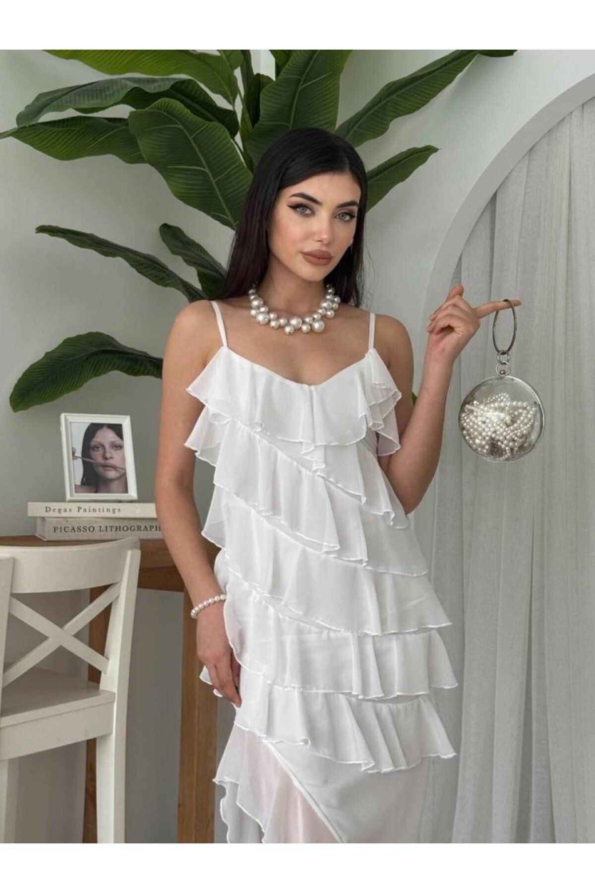 D&M Life Collection Ples Yırtmaç Detaylı Elbise - L - Beyaz