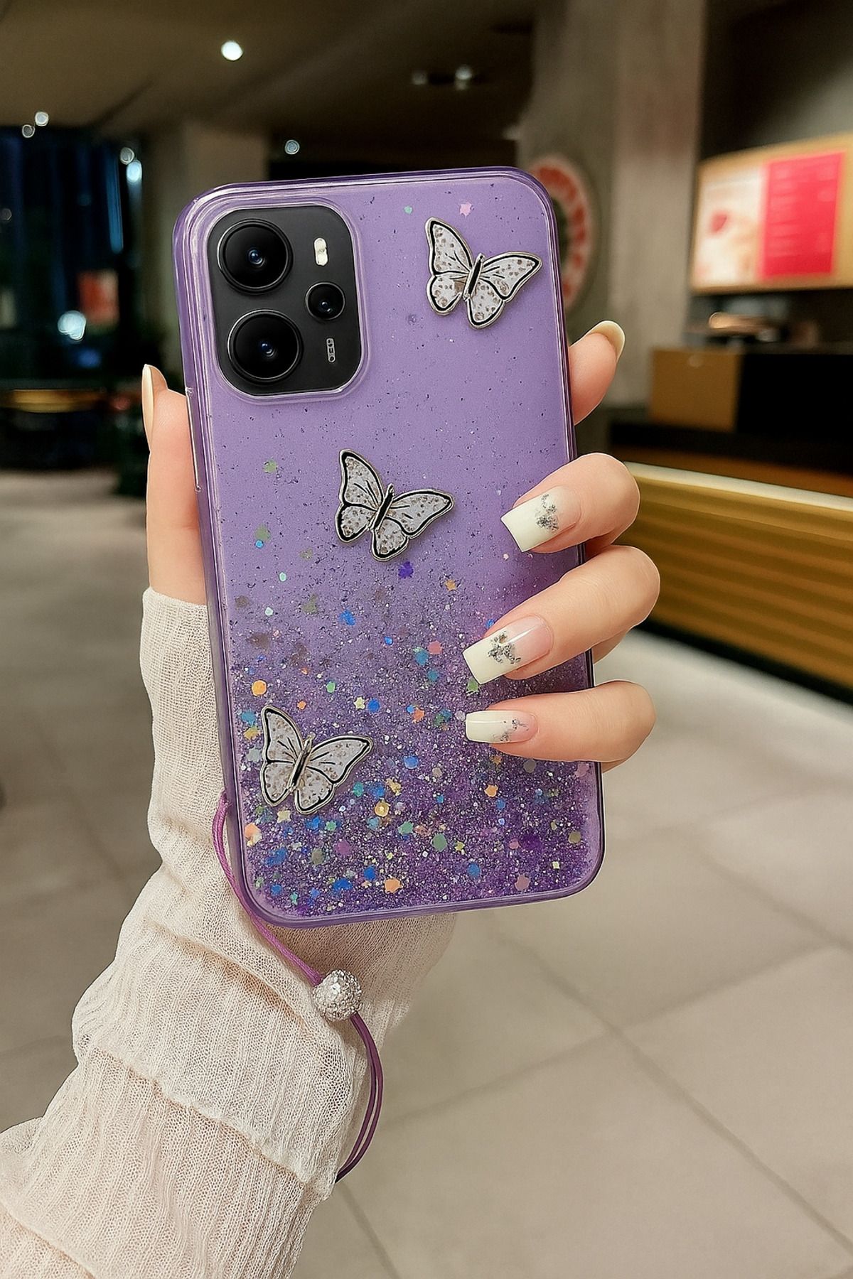 Rivor Xiaomi Redmi Note 14 4G Kılıf Kamera Çıkıntılı Simli Kelebek Kabartmalı Desenli İnce Premium Kapak