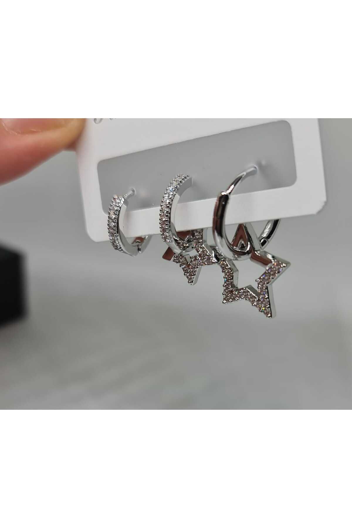 Store 316L Zirkon Taşlı Yıldız Temalı Paslanmaz Çelik Gümüş Kaplı Küpe