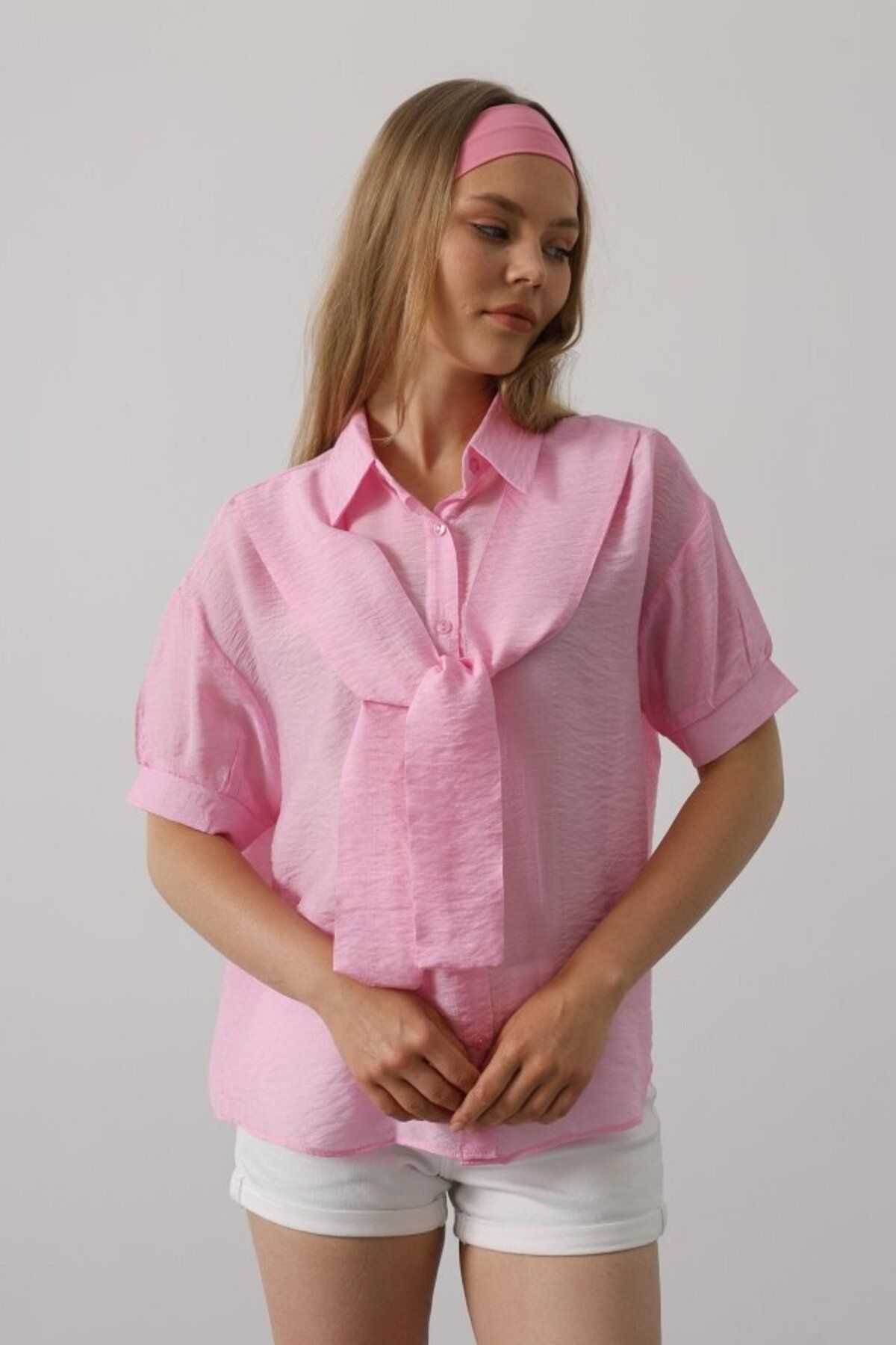 D&M Life Collection Atkı Detaylı Yarım Kol Gömlek - Pembe - L
