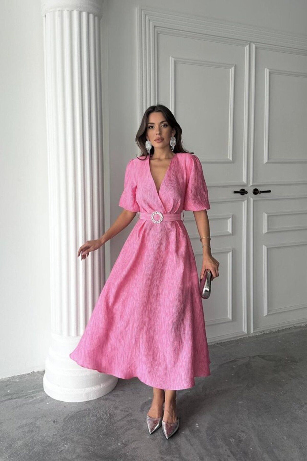 D&M Life Collection Pembe Işıltılı Kemerli Kruvaze Elbise - M - Pembe