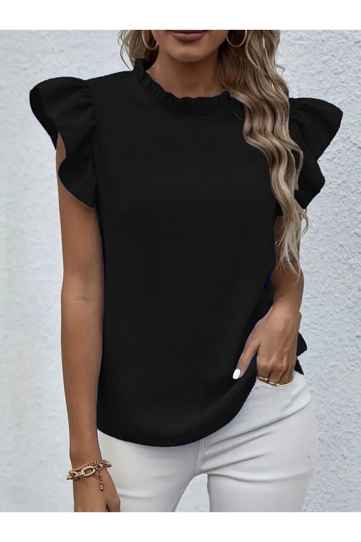 D&M Life Collection Kadın Kısa Kollu Fırfır Yakalı Bürümcük Bluz - S-M - Siyah