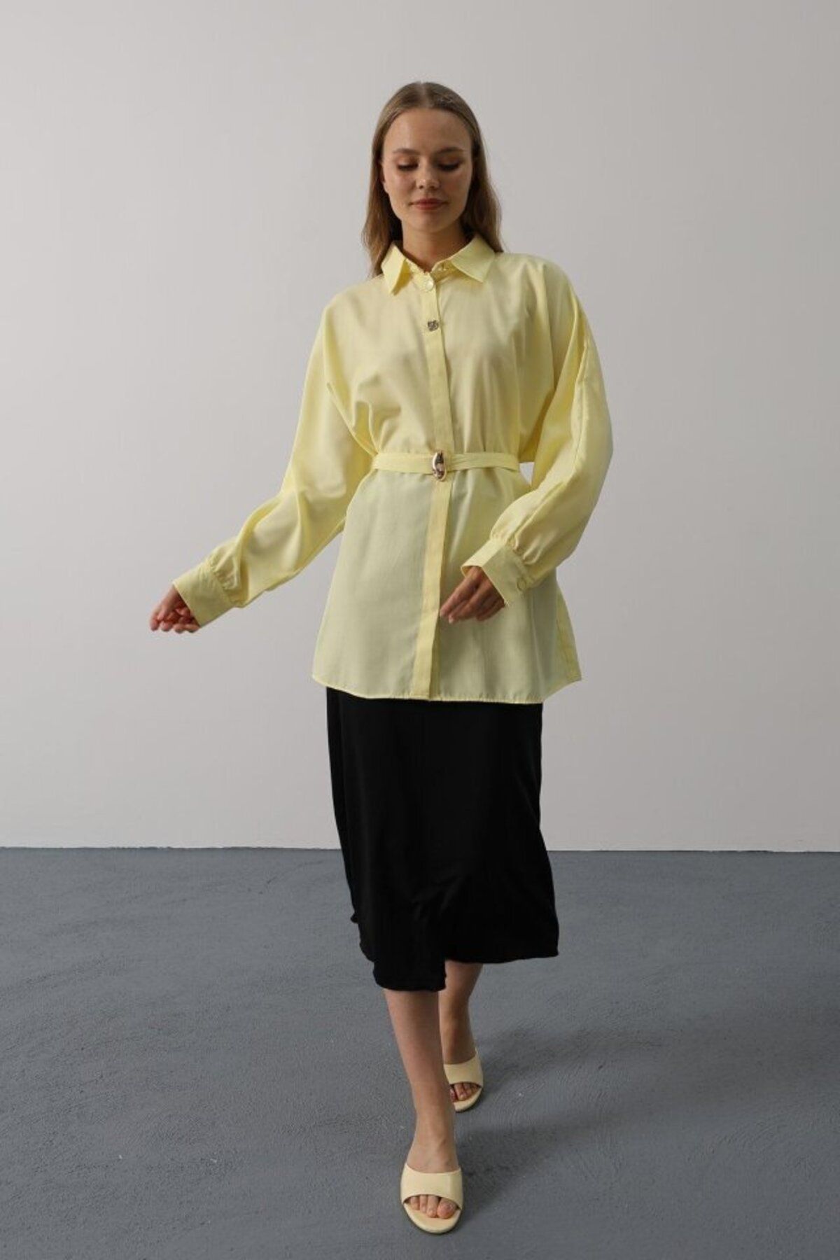 D&M Life Collection Kuşak Detaylı Tunik Gömlek - Sarı - L