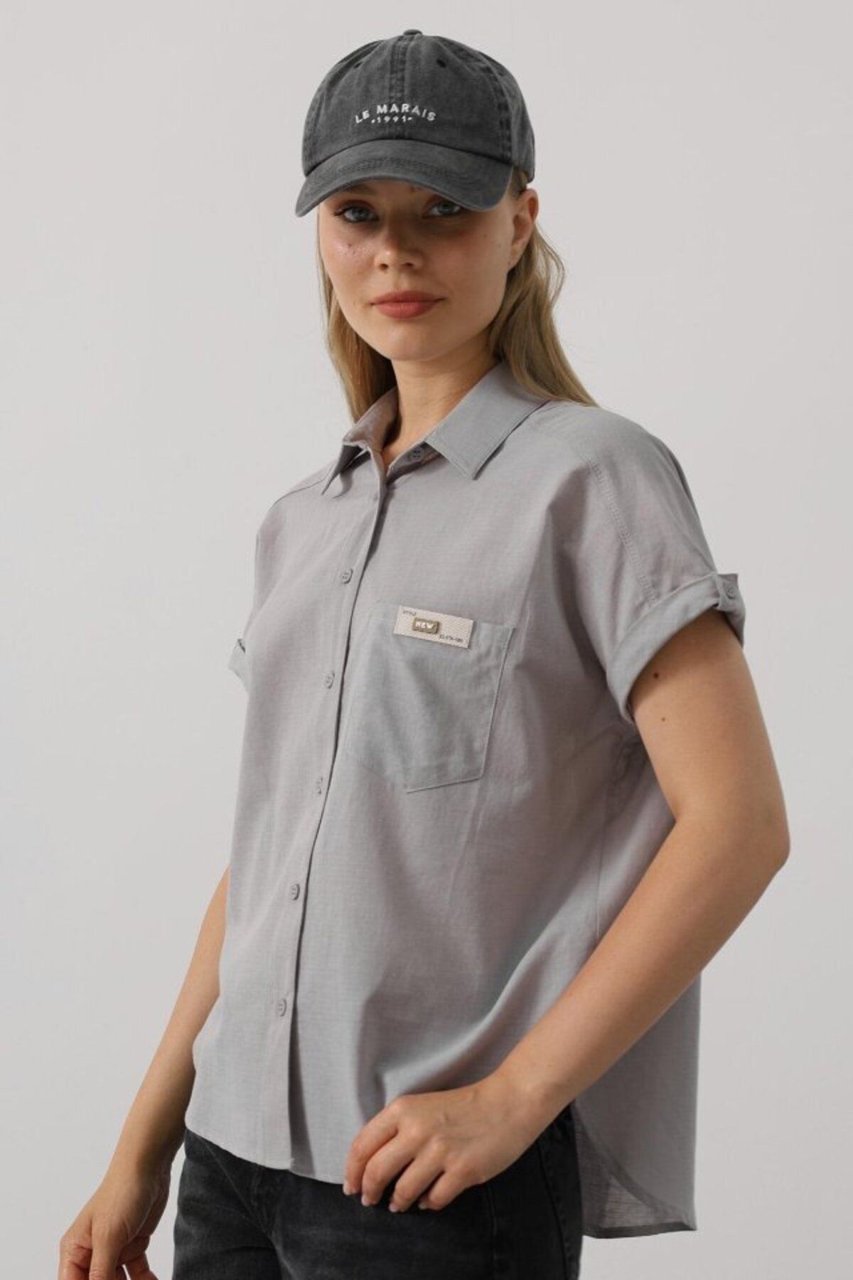 D&M Life Collection Etiket Detaylı Yarım Kol Gömlek - Gri