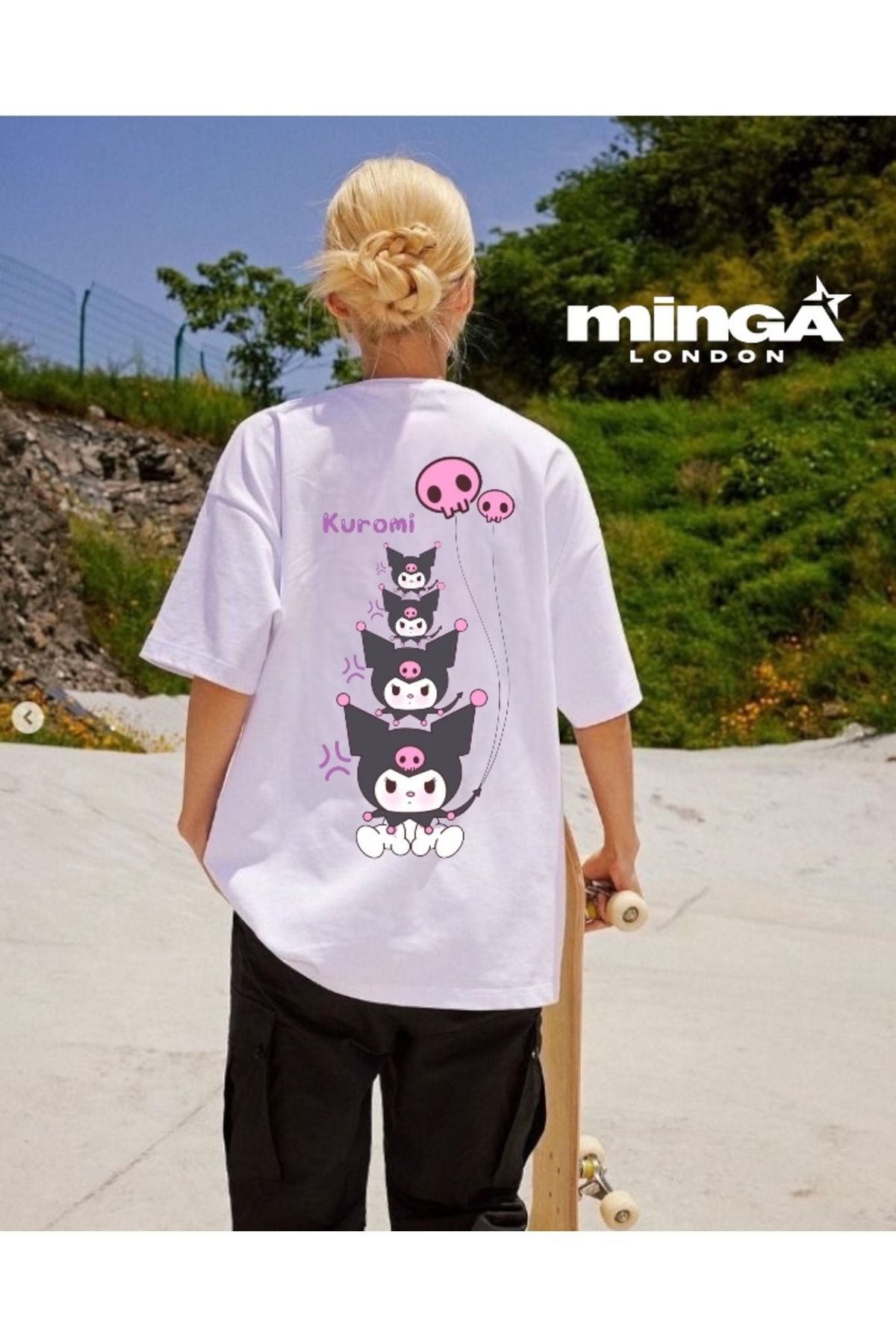 Minga London Kuromi Baskılı Oversize Beyaz Tshirt- Minga London