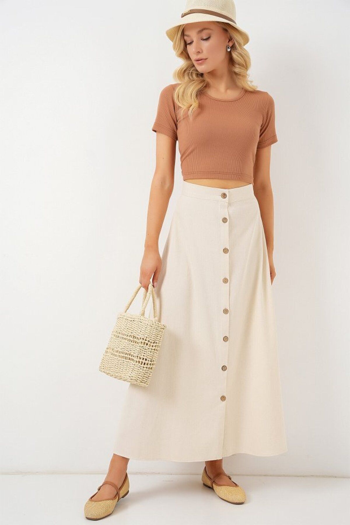 D&M Life Collection Düğmeli Keten Uzun Etek 8046 - Krem - 38