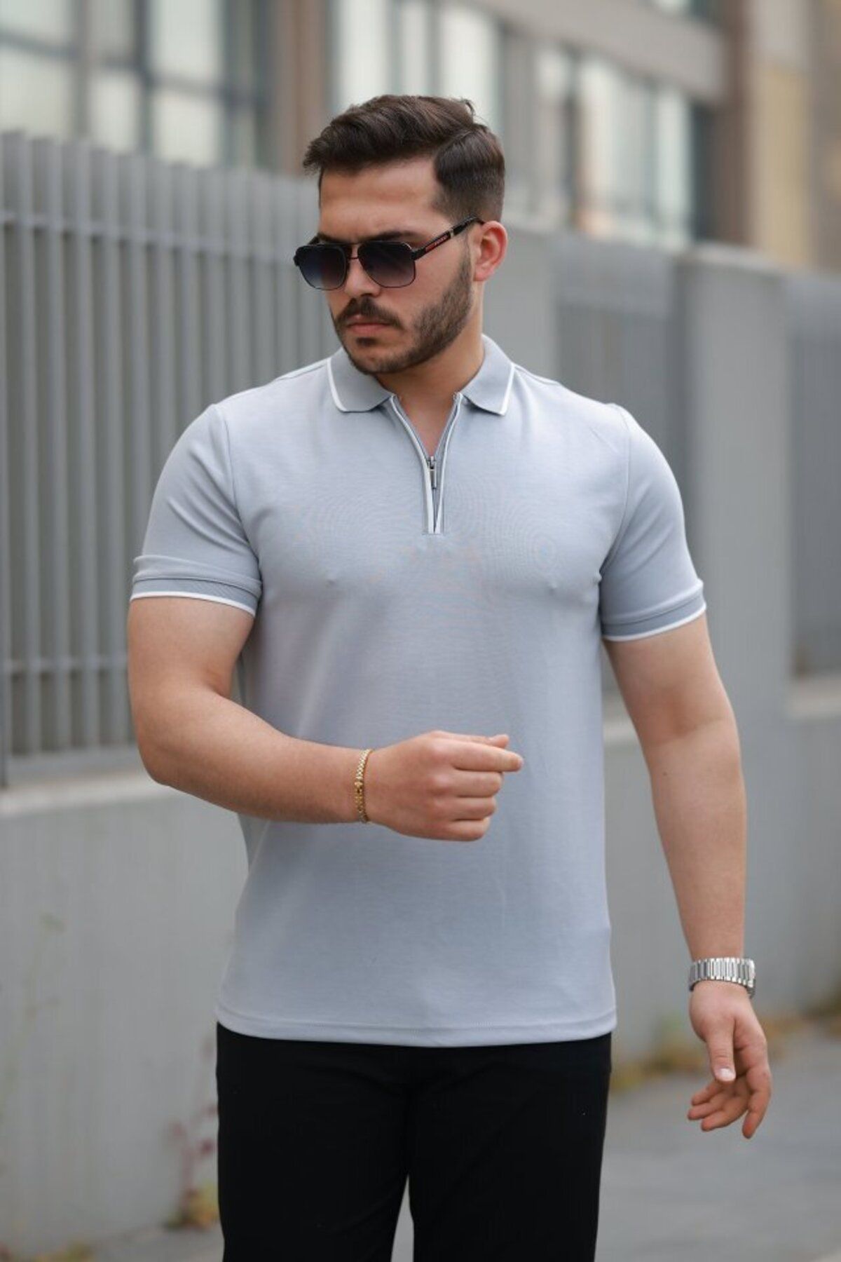 D&M Life Collection Erkek Fermuar Yakalı çizgi Detaylı Kısa Kollu Tişört - 2XL - Gri