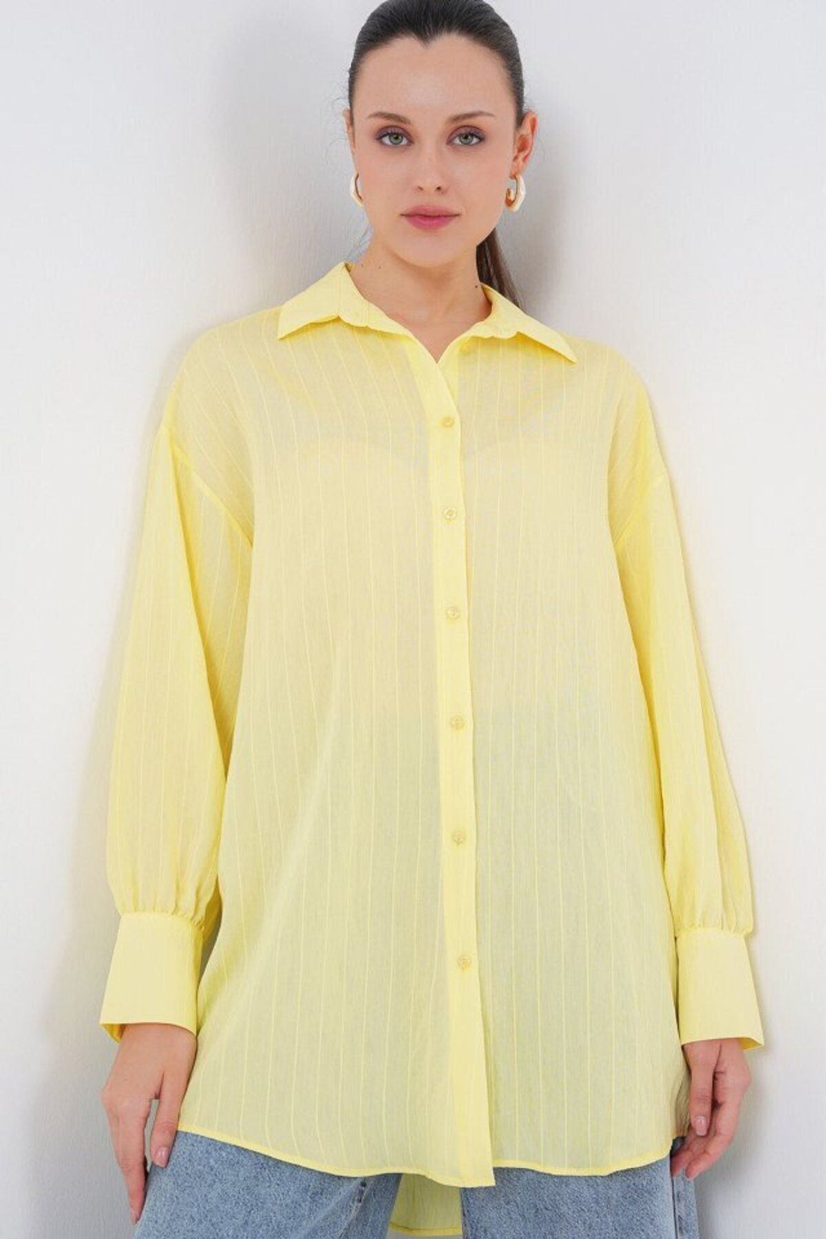 D&M Life Collection Çizgili Uzun Gömlek Tunik 5963 - Sarı - 40 - Altın