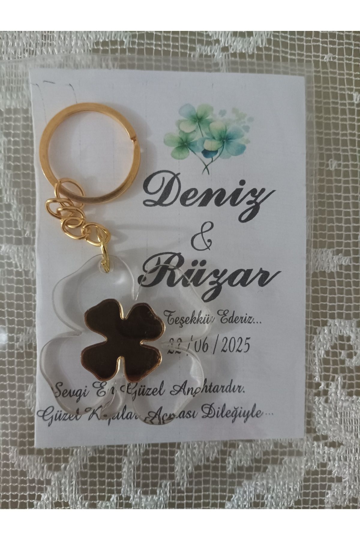 Şirin Lazer Yonca Dekoratif Söz Nişan Kına gecesi sünnet Anısı Hatıralık Pleksi Anahtarlık Hatıra Kartı