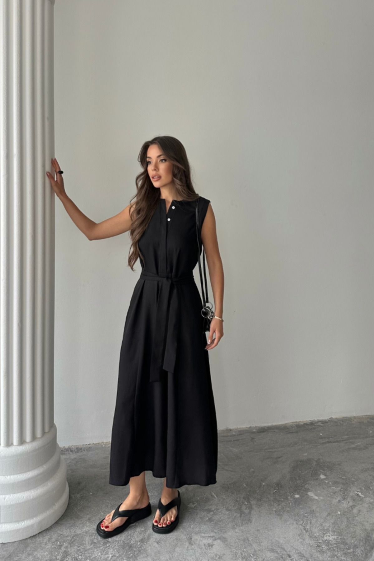 D&M Life Collection KETEN ELBİSE KOLSUZ BEL BAĞLAMALI MAXİ ELBİSE - Siyah