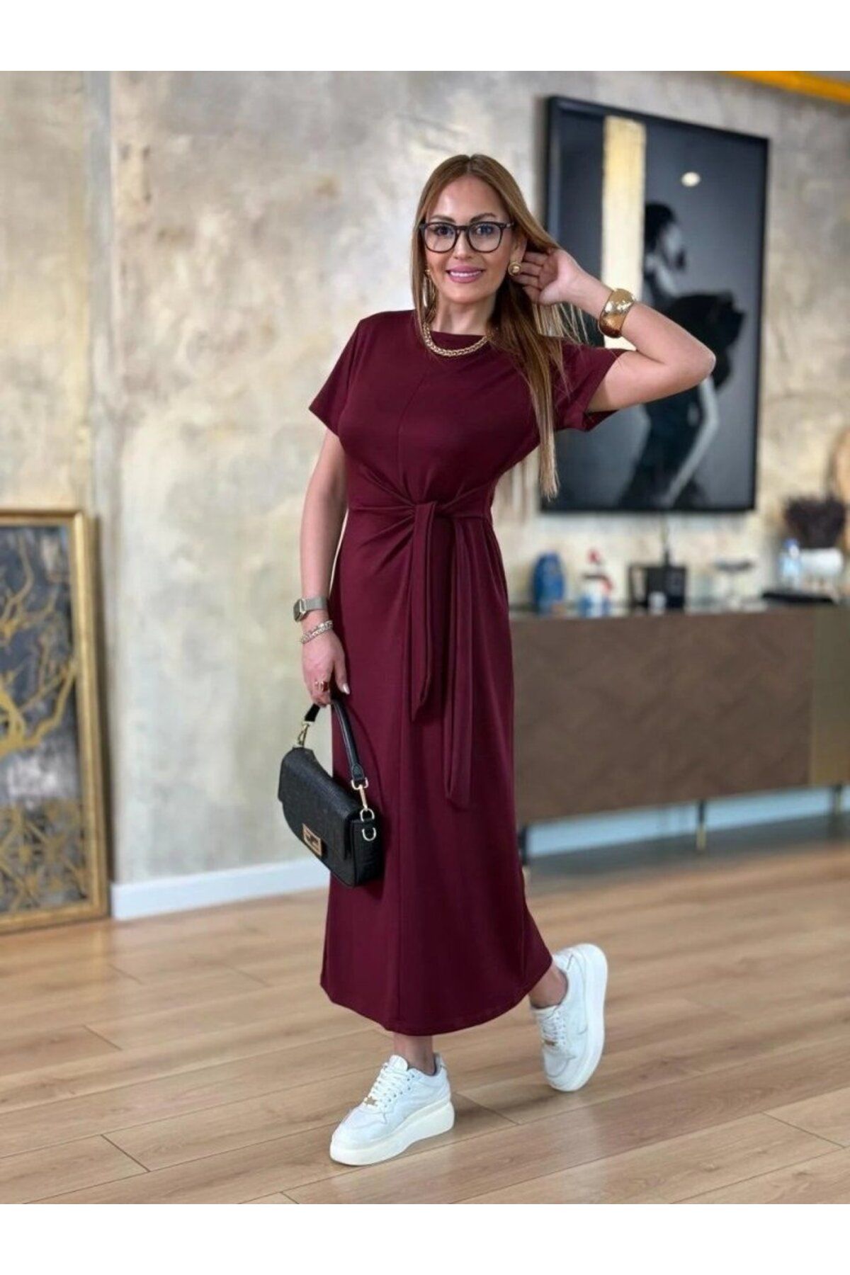 D&M Life Collection Kadın Kısa Kollu Bisiklet Yaka Yandan Bağlamalı Viskon Iki Iplik Elbise