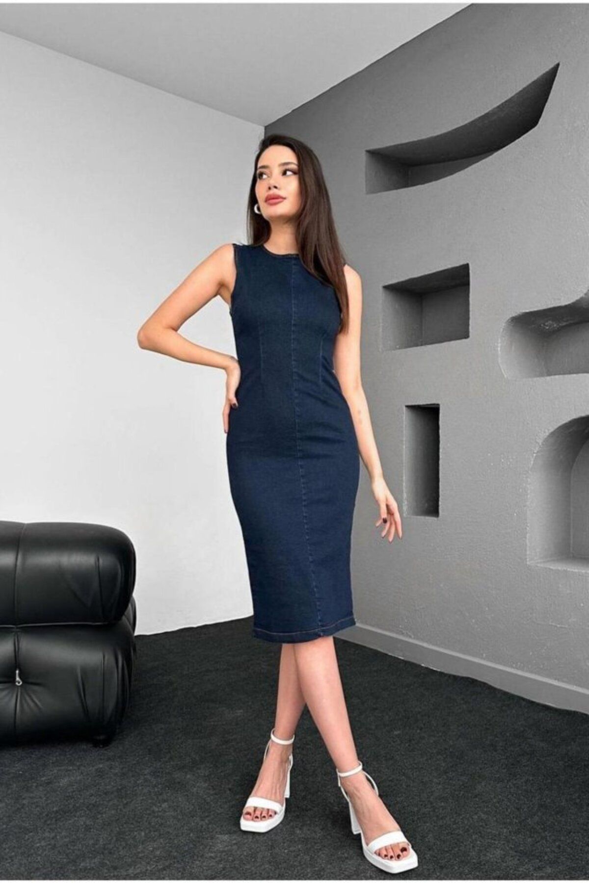 D&M Life Collection Mavi Arkası Fermuarlı Kot Elbise