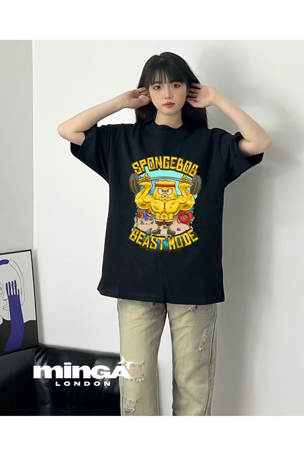 Minga London Yellow Cartoon Character Baskılı Siyah Oversize Tshirt- Minga London