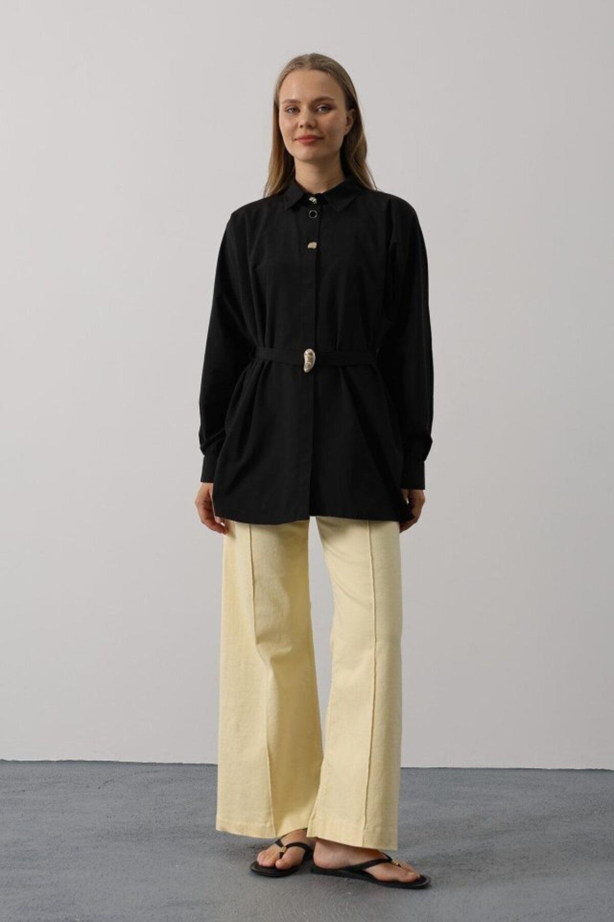 D&M Life Collection Kuşak Detaylı Tunik Gömlek - Siyah - L