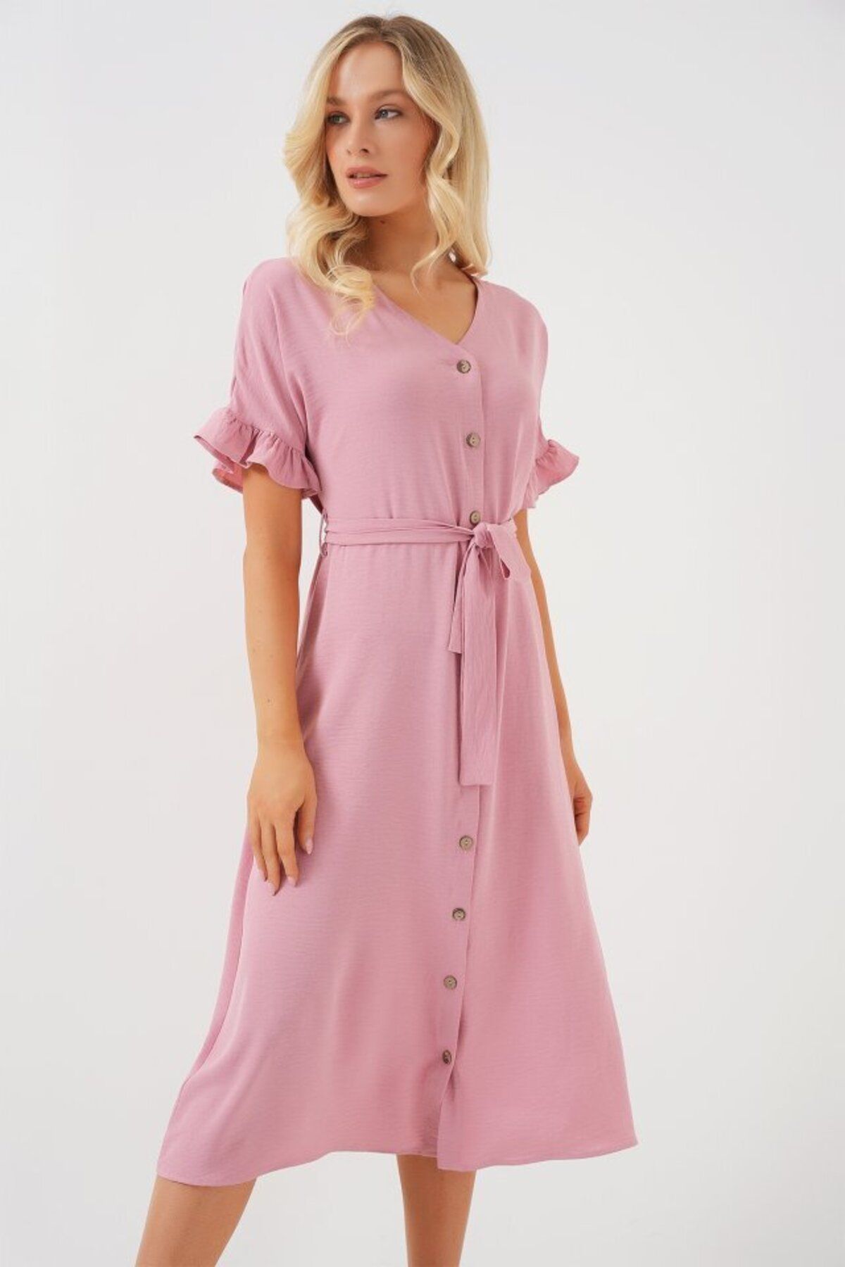 D&M Life Collection Kısa Kol Düğmeli Elbise 2555 - Pudra