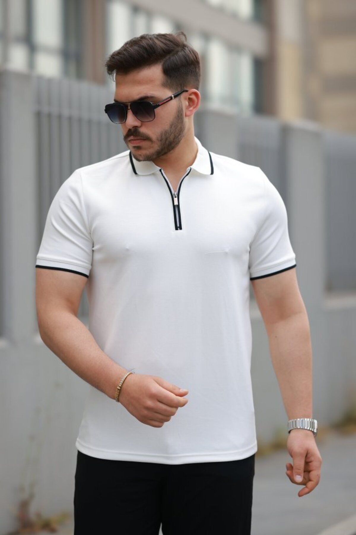 D&M Life Collection Erkek Fermuar Yakalı çizgi Detaylı Kısa Kollu Tişört - M - Beyaz