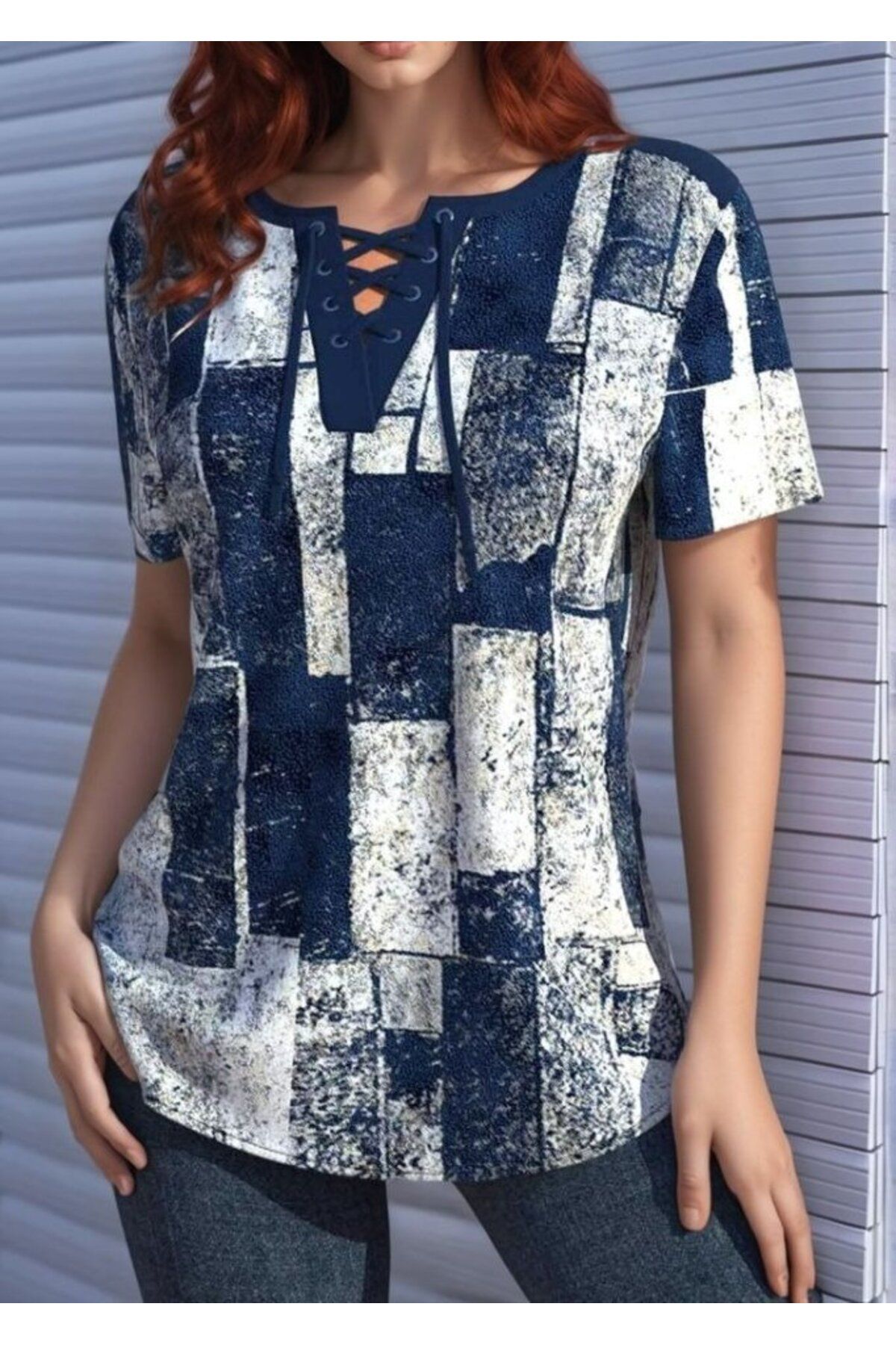 D&M Life Collection Kadın Kısa Kollu Yakası Bağcıklı Kuş Gözü Detay Süprem Bluz - 2XL-3XL - Lacivert