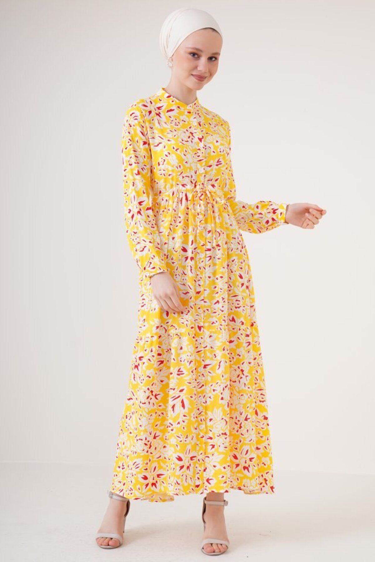 D&M Life Collection 2144 Hakim Yaka Tesettür Elbise - Sarı - 40 - Sari