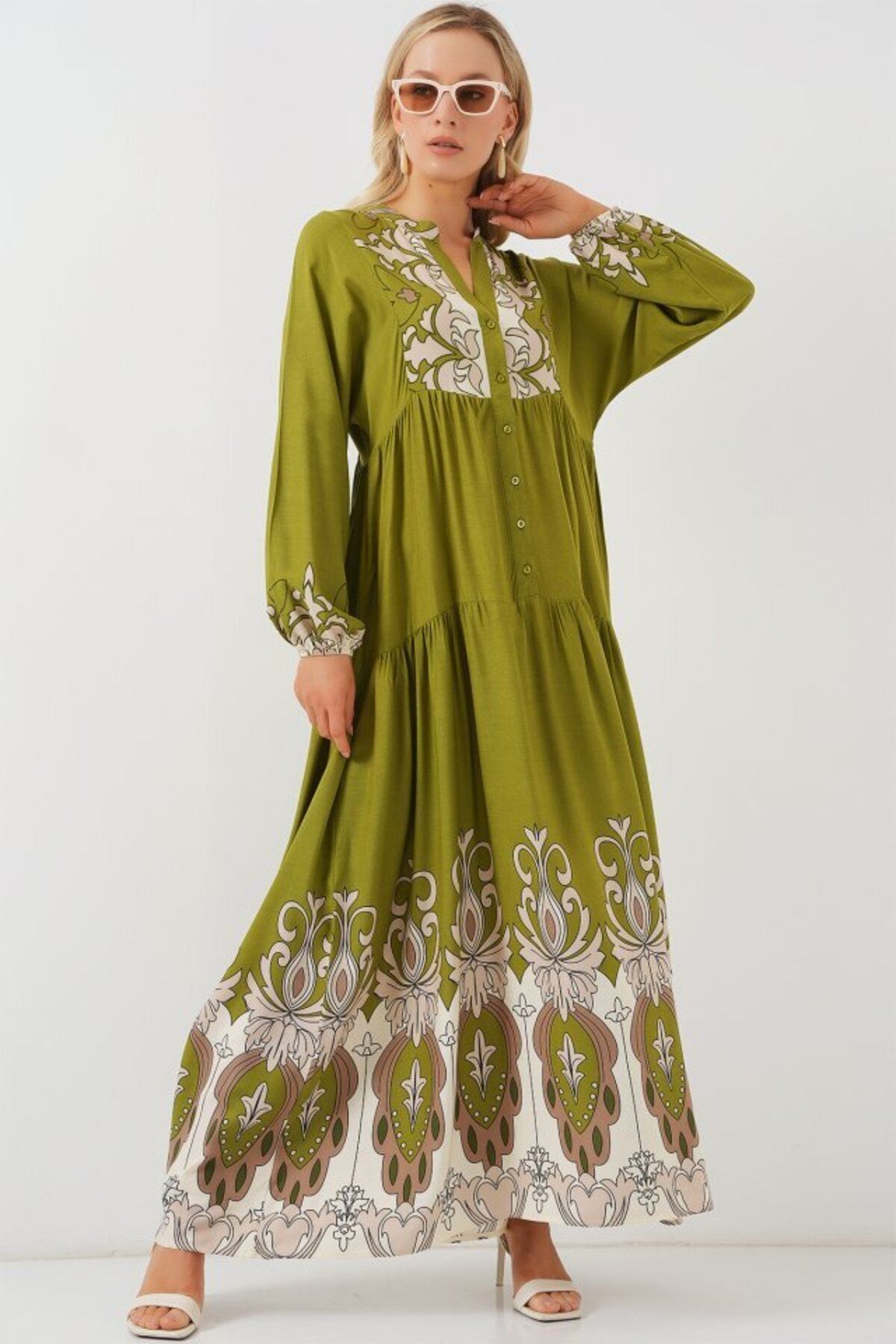 D&M Life Collection 2423 Otantik Desenli Tesettür Elbise - Çağla Yeşili
