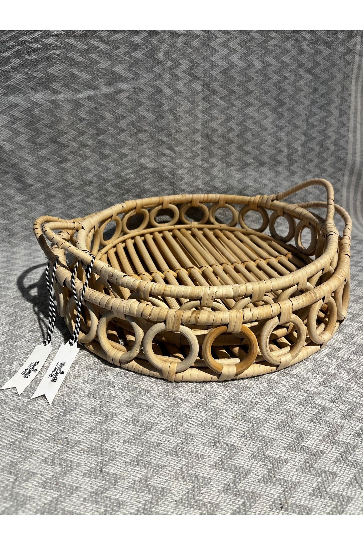 rattan Saplı 2’li Rattan Tepsi Seti – Yanları Halka Detaylı, Doğal Dekoratif Sunum Tepsisi