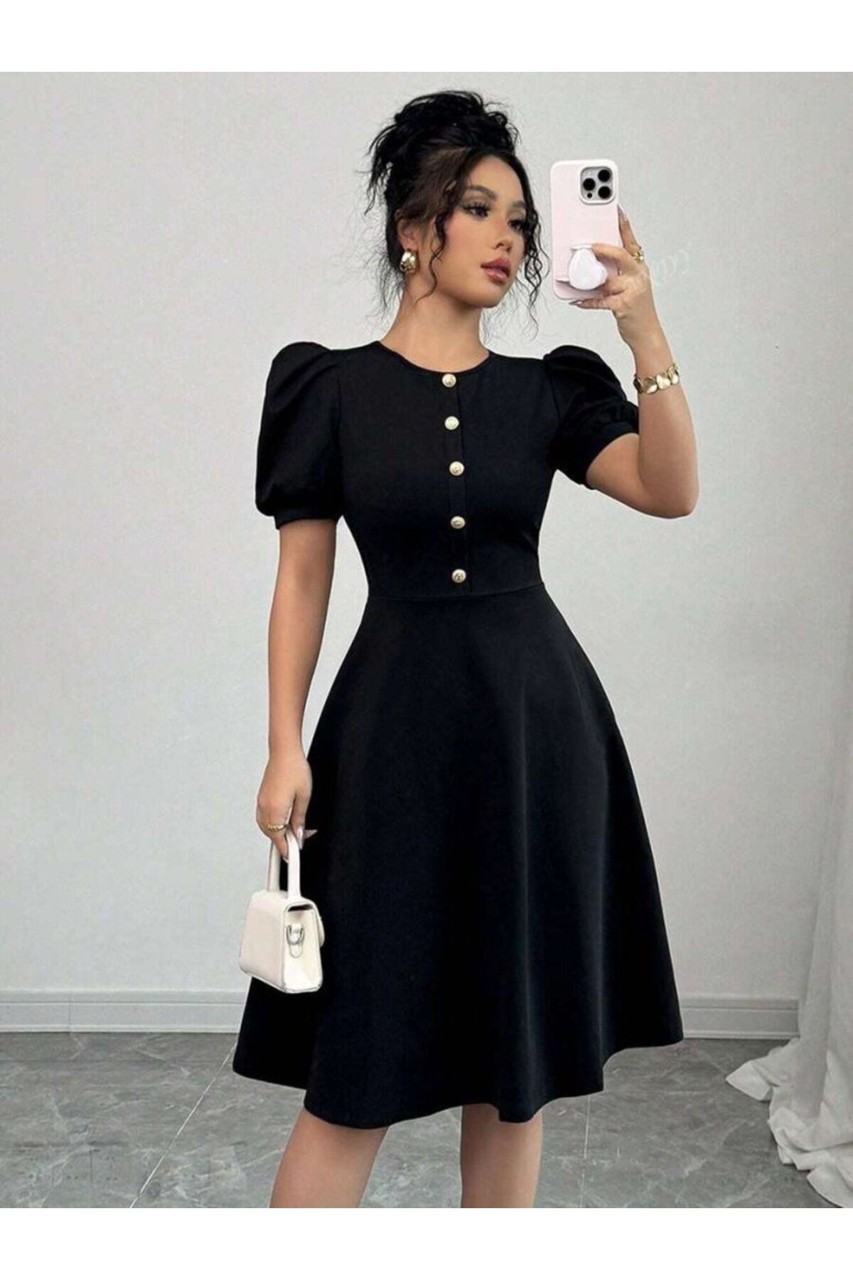 D&M Life Collection Kadın Kısa Kollu Bisiklet Yaka önden Düğmeli Ithal Krep Elbise