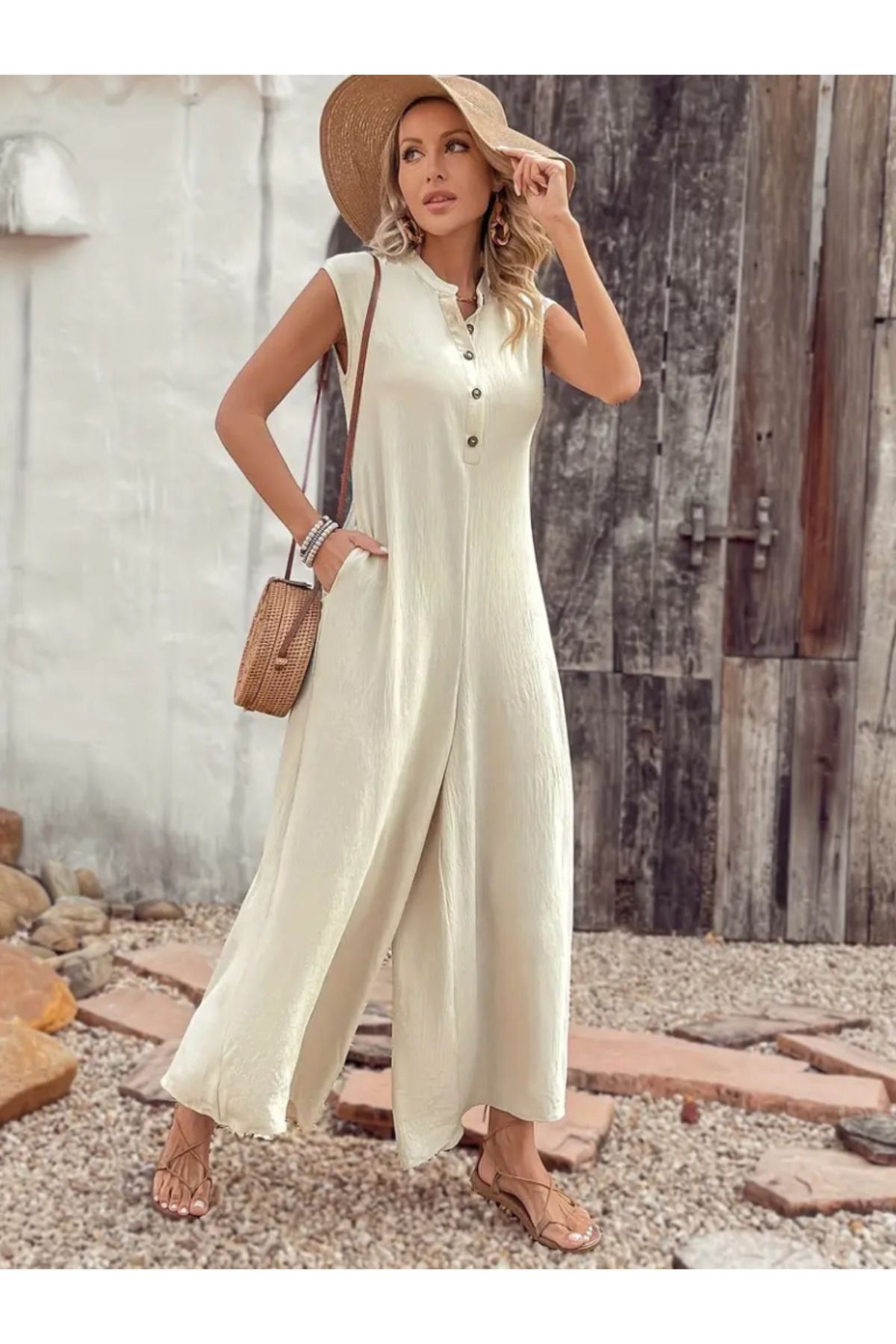 D&M Life Collection Kadın Kısa Kollu önden Düğmeli Paçaya Doğru Geniş Cepli Uzun Bürümcük Tulum - L-XL - Bej