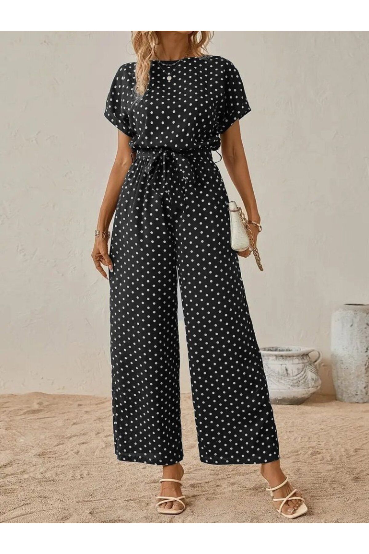 D&M Life Collection Kadın Kısa Kollu Kayık Yaka Belden Kuşaklı örme Krep Tulum