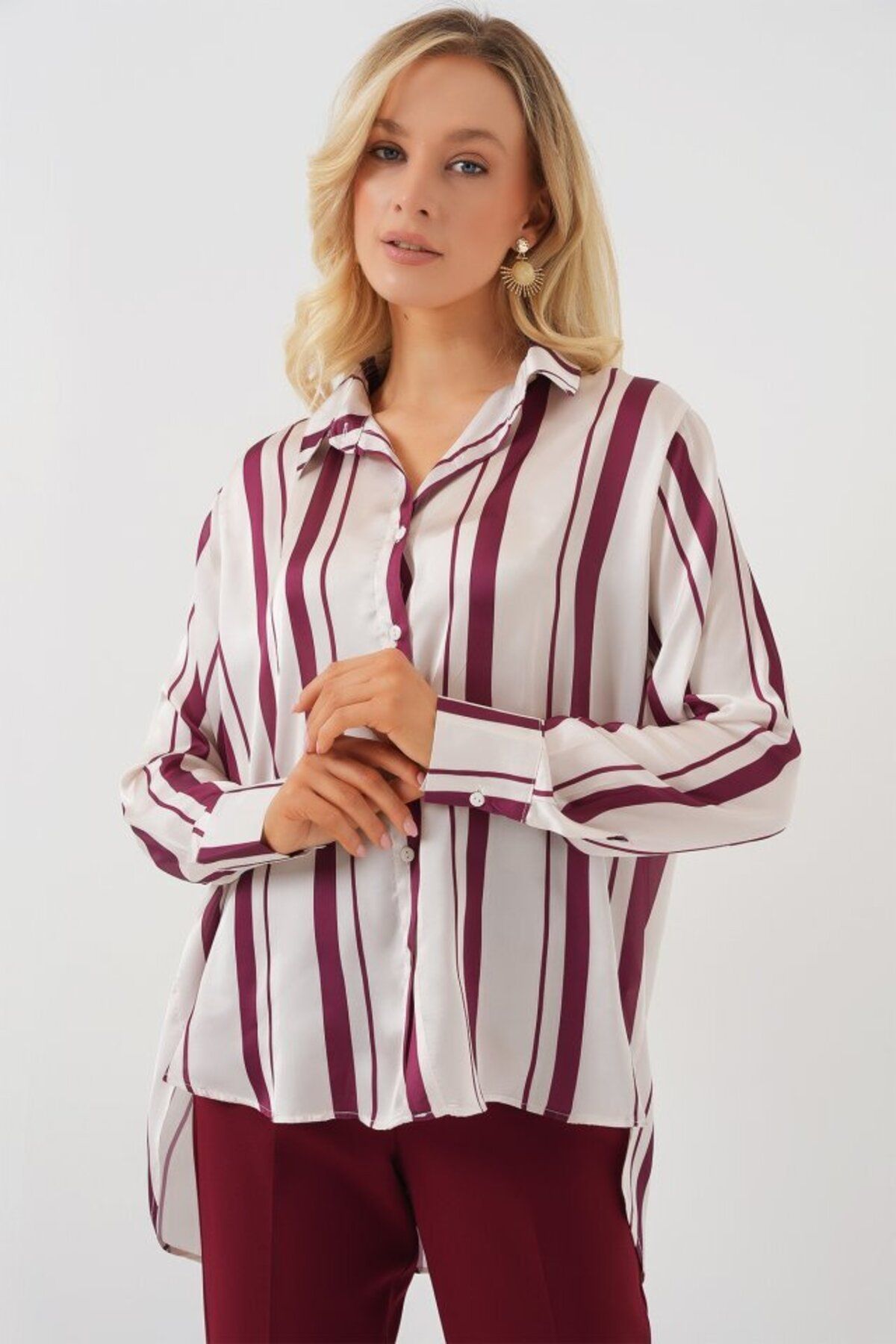 D&M Life Collection Çizgili Uzun Saten Gömlek 20291 - Bordo