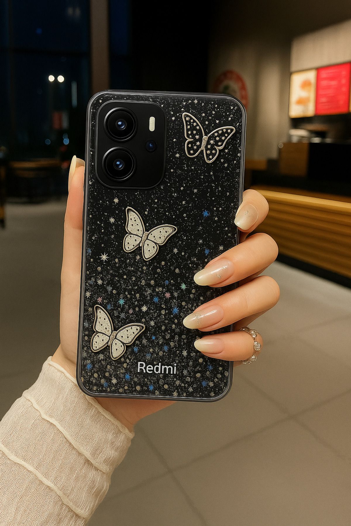 Rivor Xiaomi Redmi Note 14 4G Kılıf Kamera Çıkıntılı Simli Kelebek Kabartmalı Desenli İnce Premium Kapak