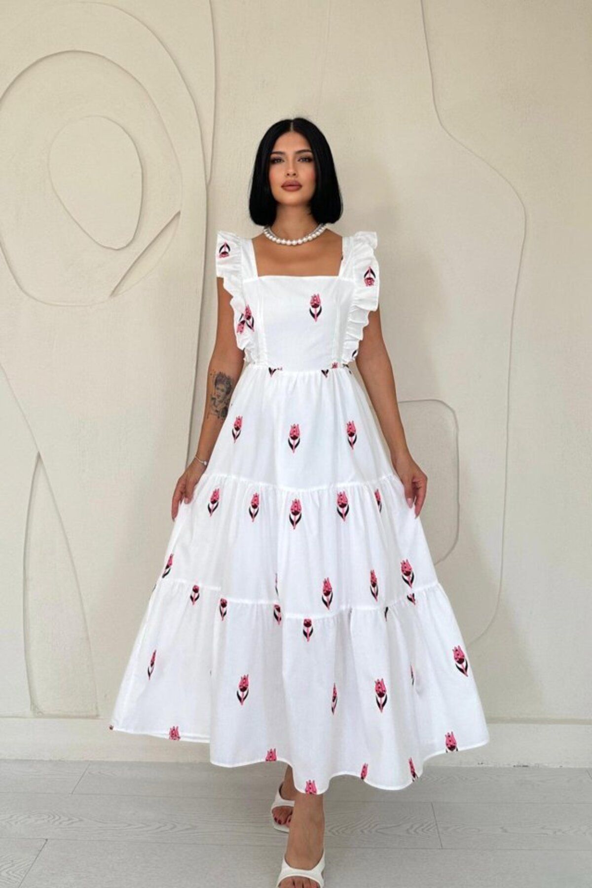 D&M Life Collection Fuşya Sıfır Kol Fırfırlı Elbise - M - Fuşya