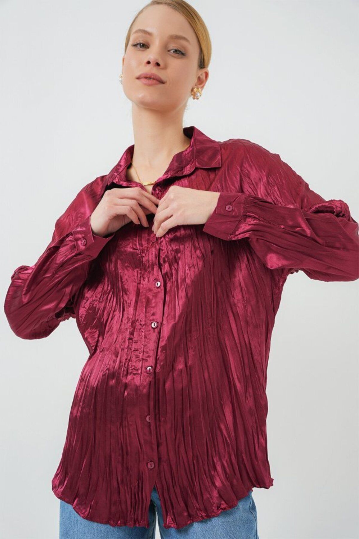 D&M Life Collection Kırışık Saten Gömlek 20316 - Bordo - 42