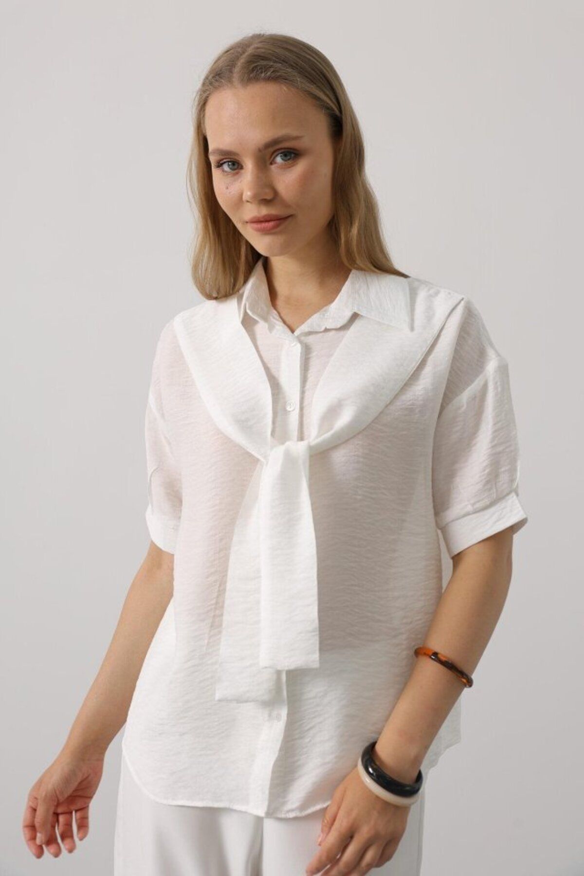 D&M Life Collection Atkı Detaylı Yarım Kol Gömlek - Beyaz - M