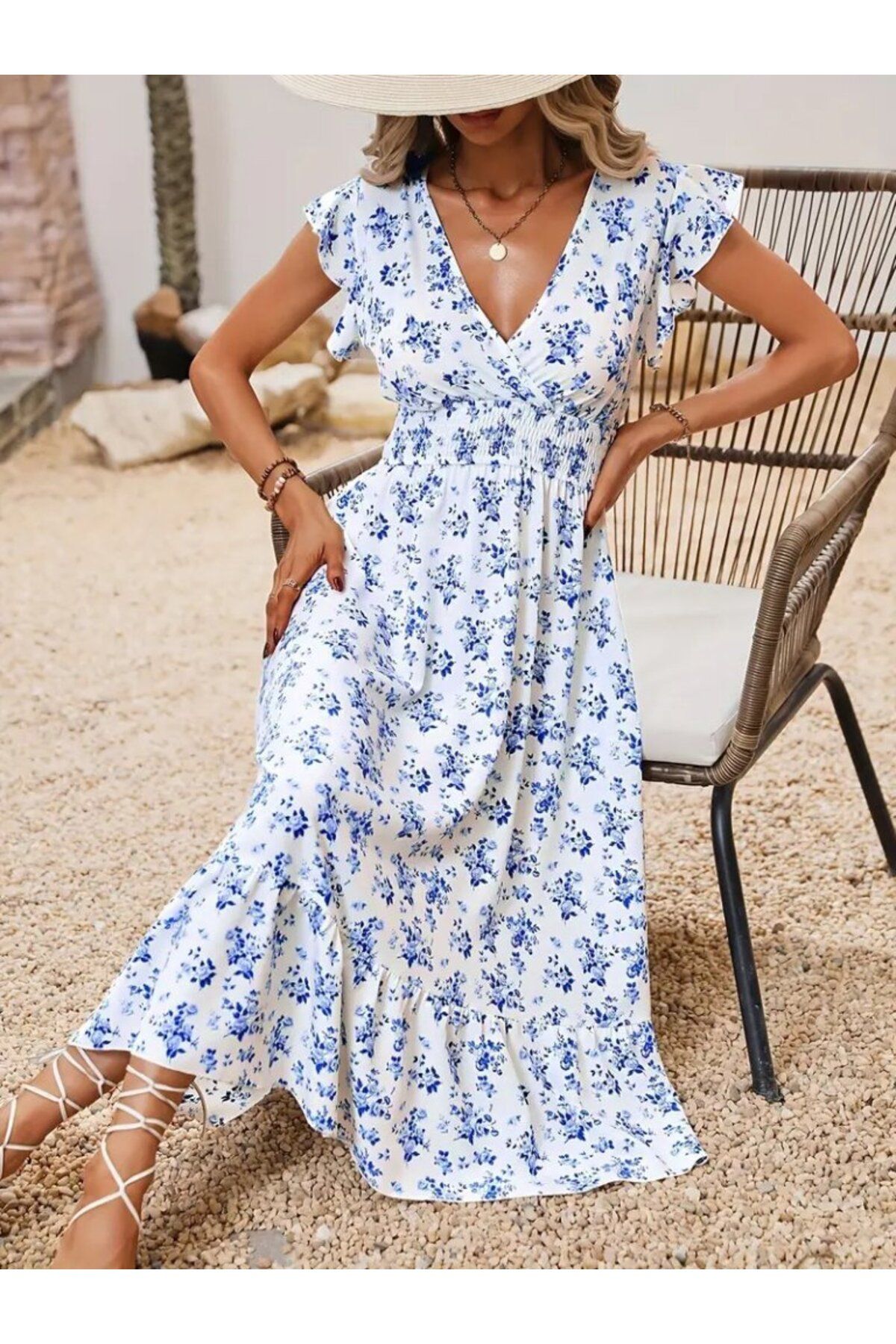 D&M Life Collection Kadın Kısa Kollu Kruvaze Yakalı Beli Lastikli çiçek Desenli Elbise