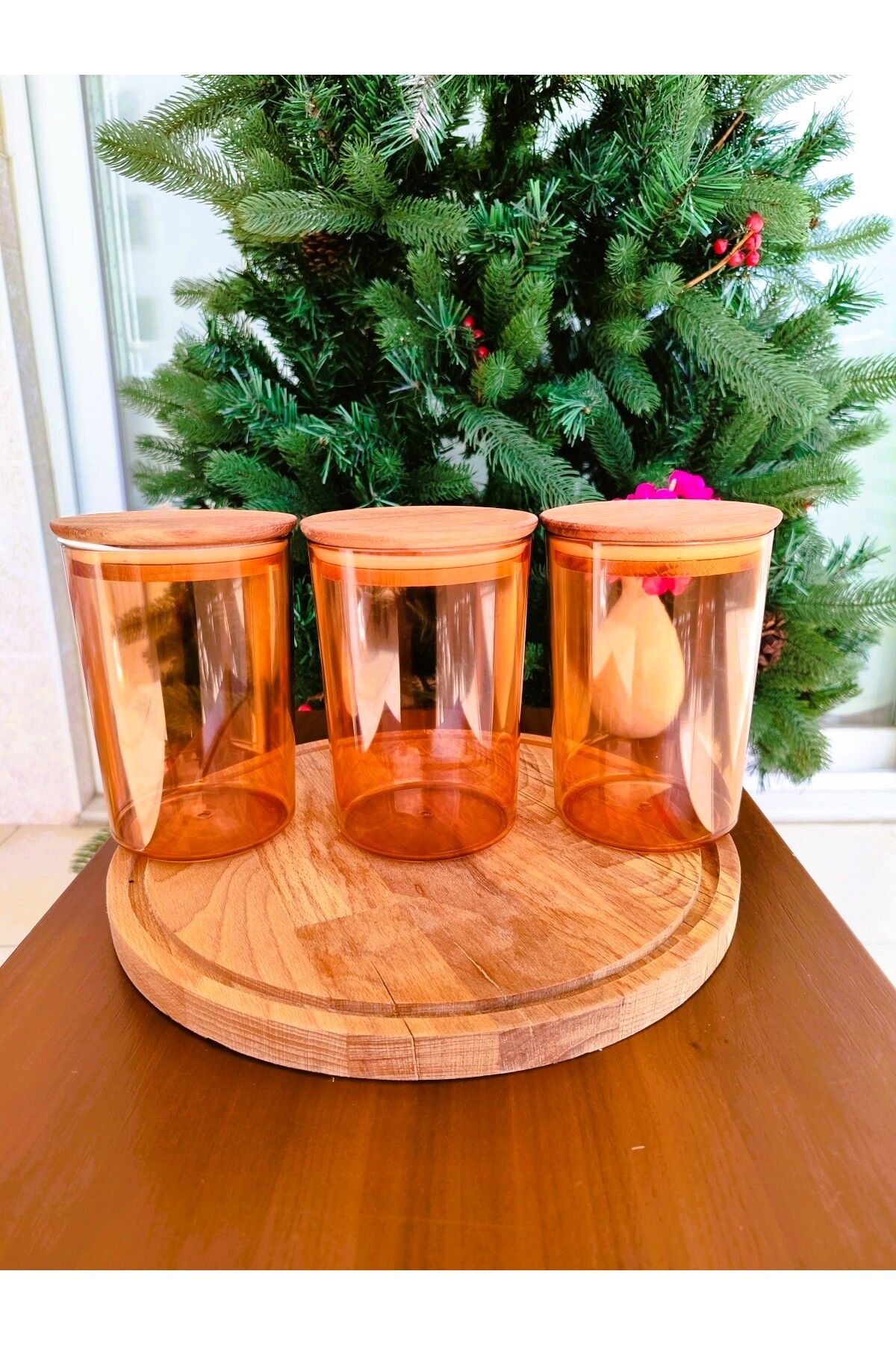 Madame Coco Yuvera 900ml Ahşap Kapaklı 3'lü Saklama Kabı - Amber