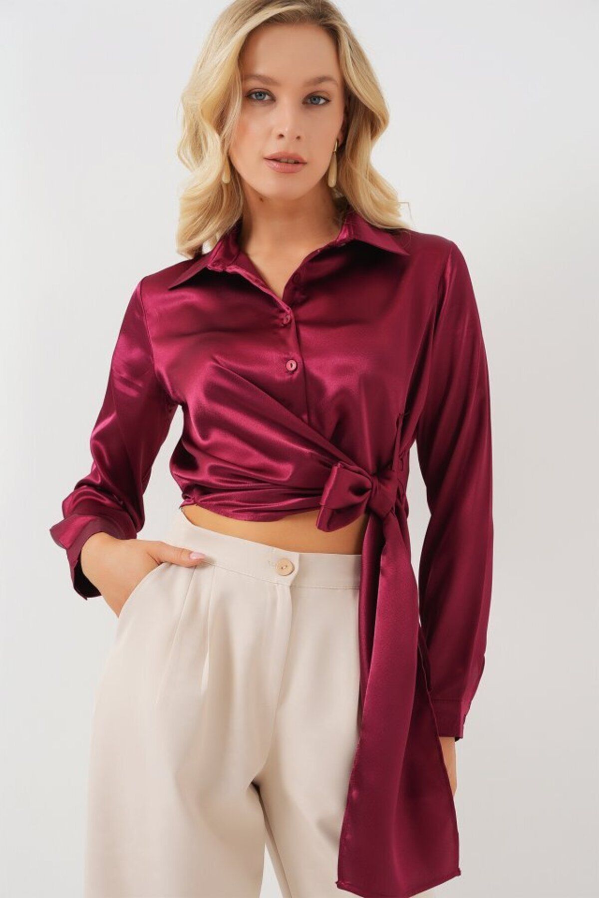 D&M Life Collection Bağlamalı Uzun Kol Saten Gömlek 20287 - Bordo