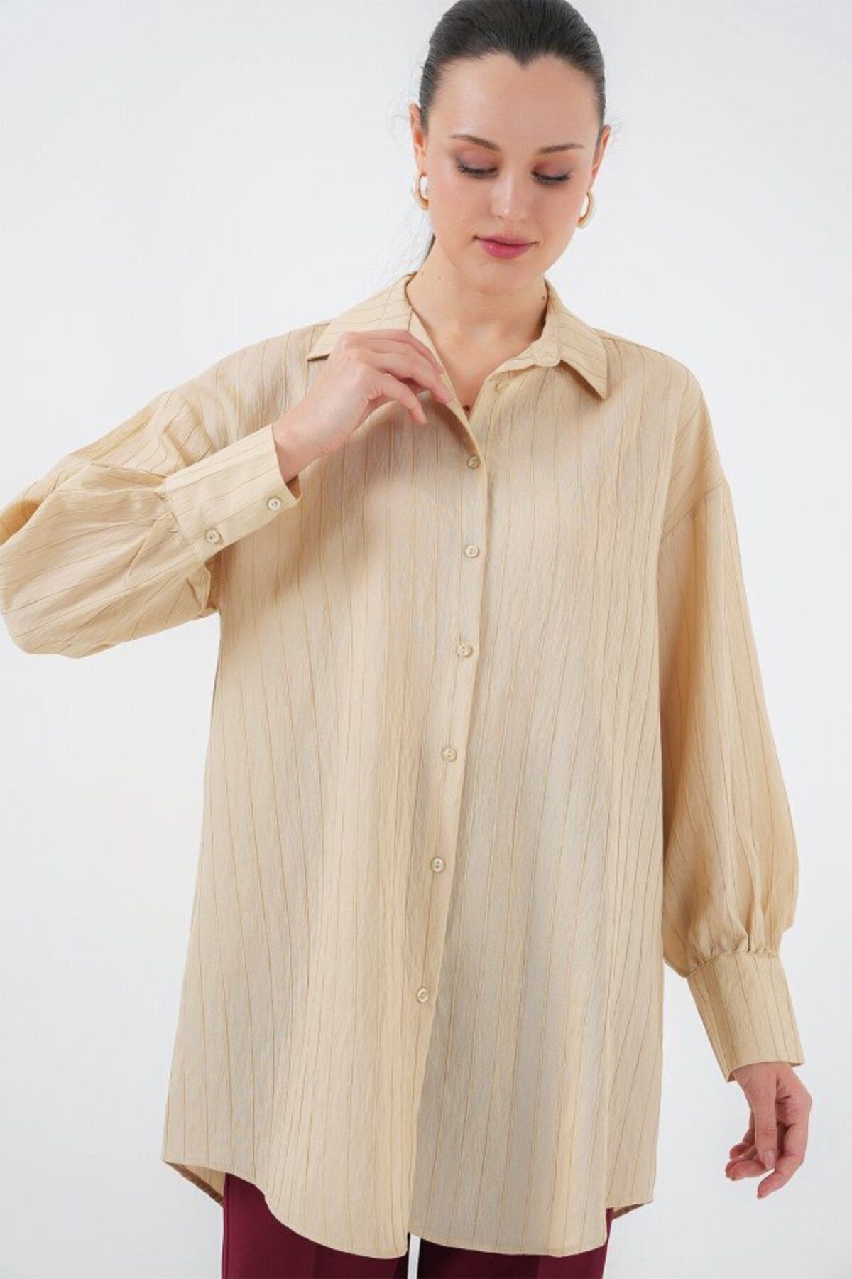 D&M Life Collection Çizgili Uzun Gömlek Tunik 5963 - Bej
