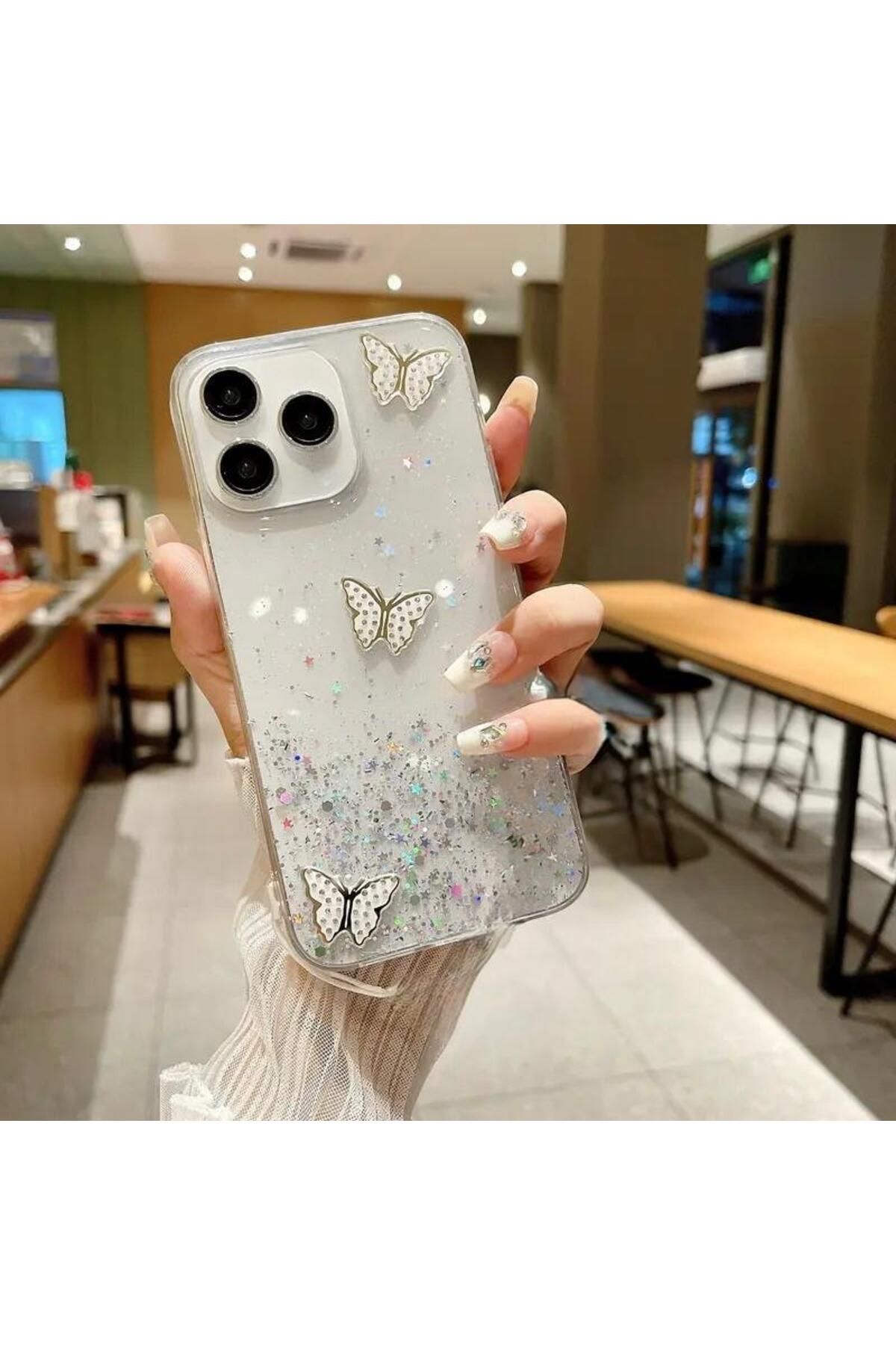 Rivor Realme C53 Uyumlu Kılıf Kamera Çıkıntılı Simli Kelebek Kabartmalı Desenli İnce Premium Kapak