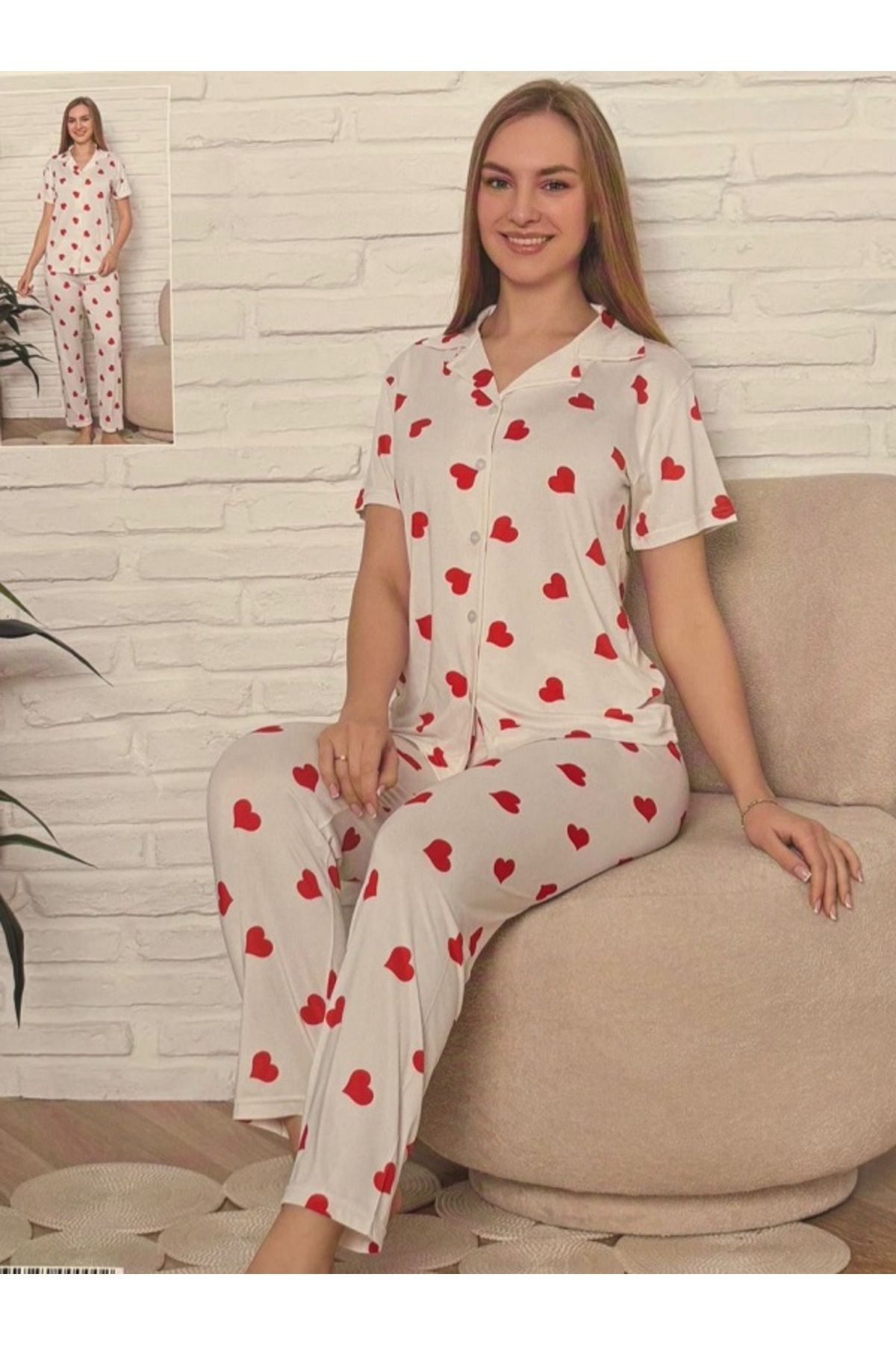 Wonder Girl WONDER GİRL KISA KOLLU DÜĞMELİ SOFT KUMAŞ KALP DESEN BEYAZ RENK PİJAMA TAKIM
